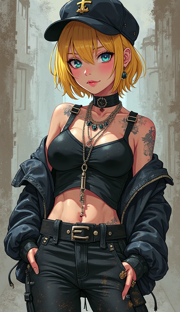 In this magnificent artwork, behold a mesmerizing full-body portrait of a captivating woman. With an ultra-detailed approach, the illustration showcases every intricate aspect of her appearance. Her gaze, piercing blue eyes that seem to hold a world of secrets, is enhanced with fine detail, capturing the depth of her emotions. The woman's short, pixie-cut blonde hair, styled with shaved sides, adds a touch of edginess to her overall look. As your eyes travel downward, you'll notice the alluring tattoos adorning her body. Among these remarkable inkings, there is a naughty calligraphy font tattoo gracing her lower midriff, proclaiming the word "Naughty" in an alluring manner. The tattoo itself seems to come