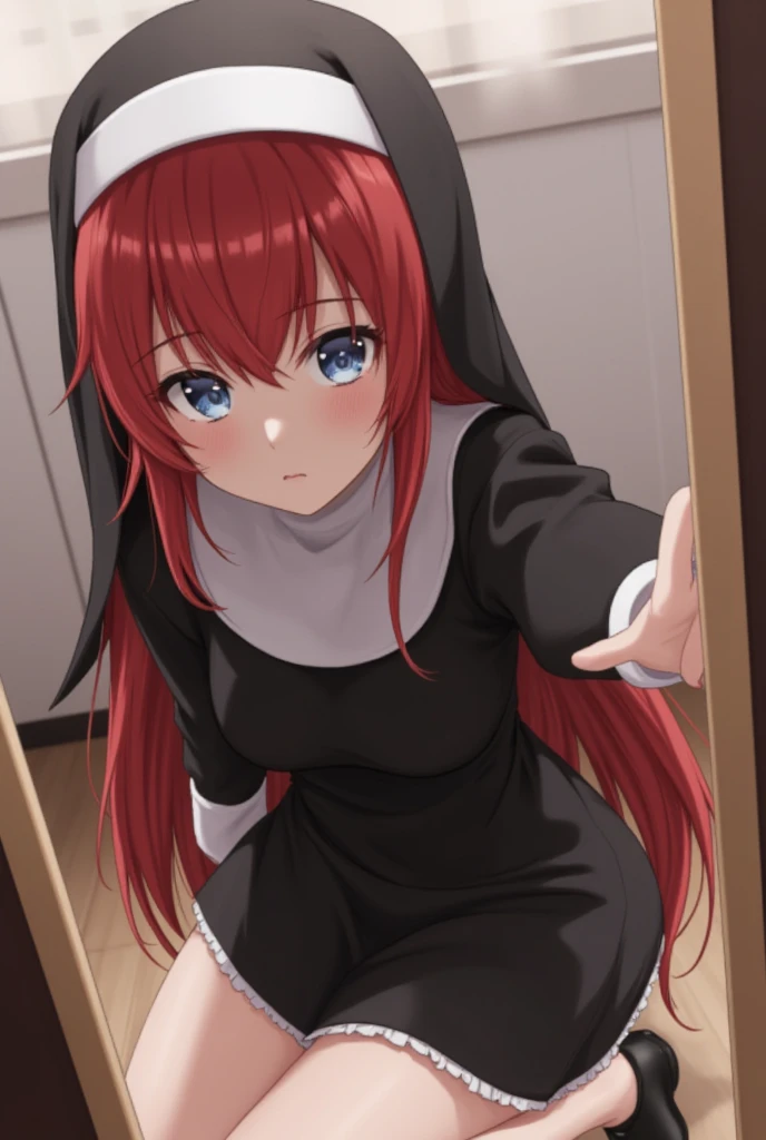 itsukinakano, itsuki nakano, bangs, blue eyes, hair between eyes, Ahoge, redhead,long hair, star \(symbol\), hair ornaments, star hair ornaments,smile,open your mouth,break habit, long sleeve, nun, robe, white robe, wide sleeve,There is a large katsudon on the table.,sitting in a chair,
break indoors, canteen,
break looking at viewer, (cowboy shot:1.5),
break (masterpiece:1.2), highest quality, High resolution, unity 8k wallpaper, (figure:0.8), (detailed and beautiful eyes:1.6), highly detailed face, perfect lighting, Very detailed CG, (perfect hands, perfect anatomy),