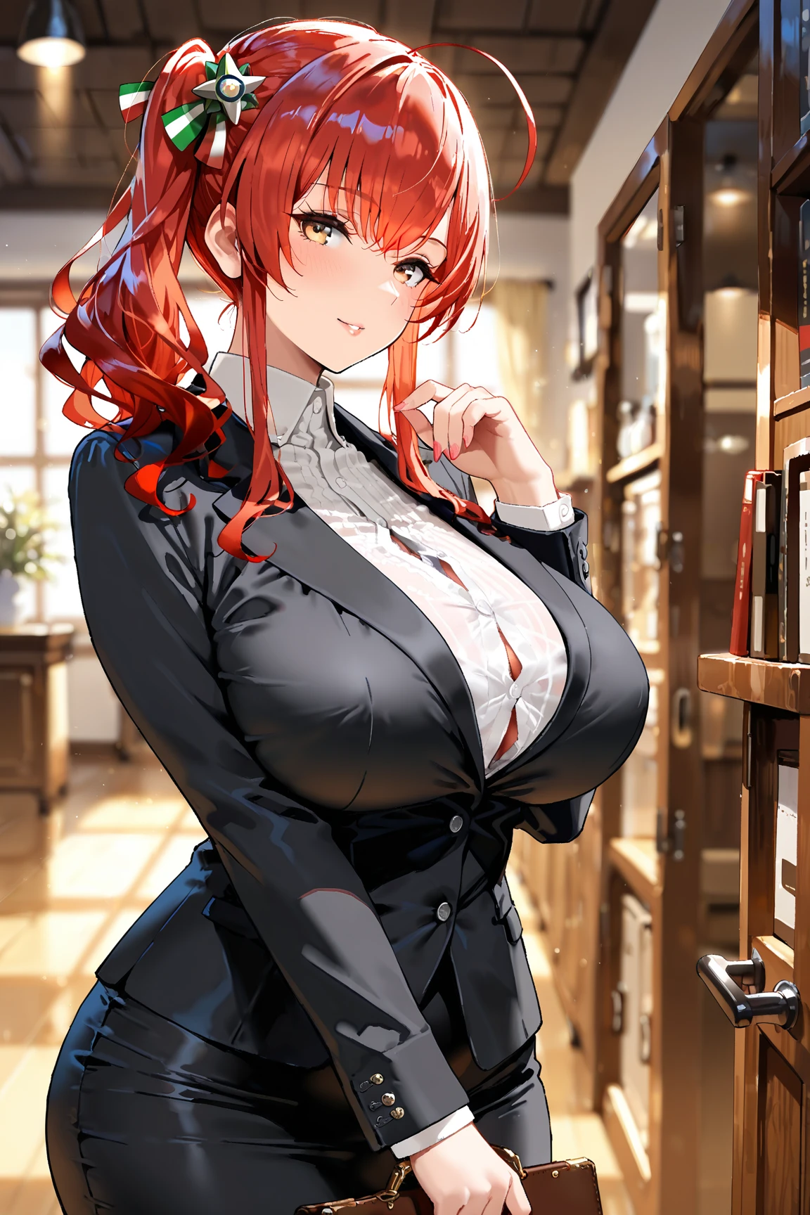 1girl,solo,red hair color,wolf cut hair(short),wolf ears,green eyes,slanted eyes,super huge breasts,slender,red shirt,long sleeves,briefcase,expressionless,looking at viewer,near,beautiful person ,cool,standing up,white background