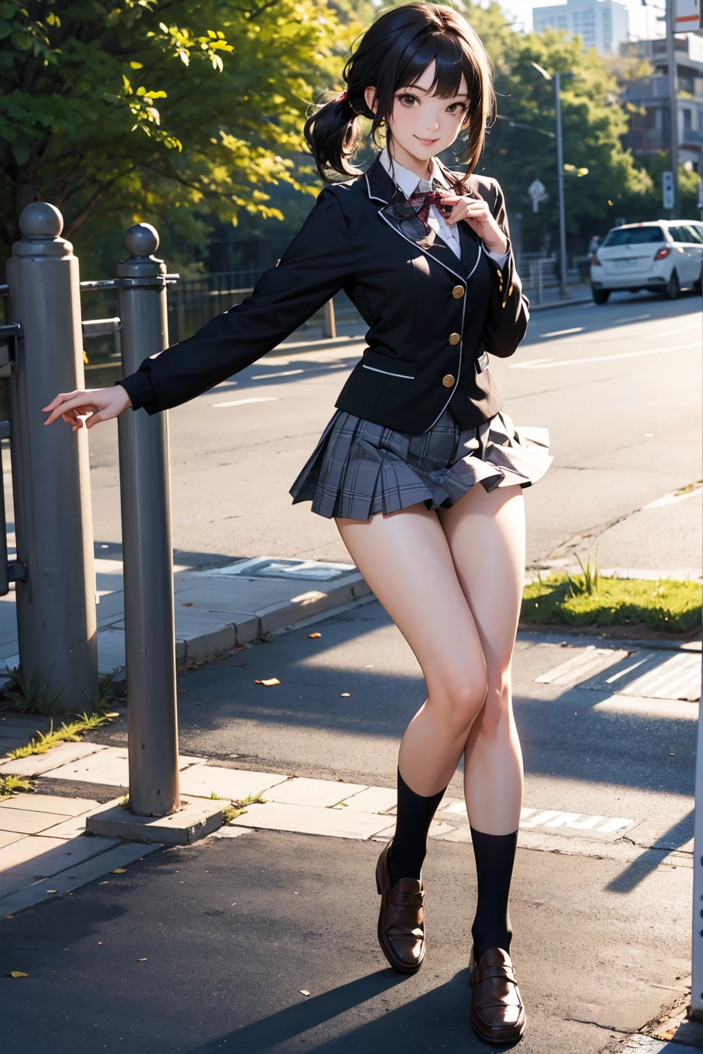 ((masterpiece)),(((best quality))),thin thighs,long legs,girl standing in school,red tie uniform,dark blue blazer,blue plaid skirt,18 years old,forehead,small smile,random pause,Pretty Woman,slim girl,