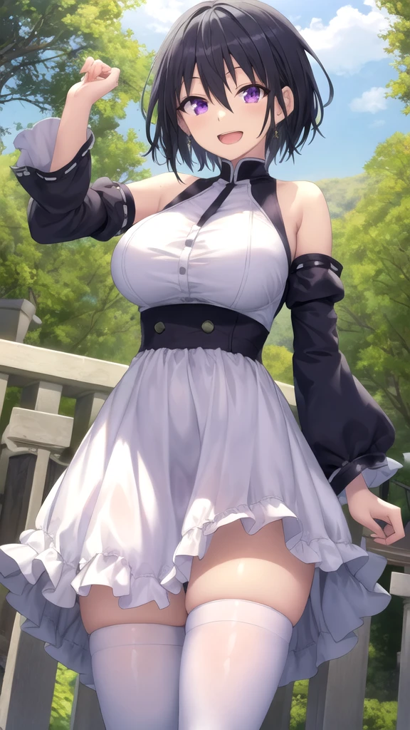 low angle,from below,((1girl, dancing)), ((masterpiece:1.4, best quality)), ((masterpiece, highest resolution)), (beautiful illustration),(semi long beautiful black hair),(looking at the viewer),
innocent smile, day, windy,cinematic lighting,white over-kneehighs,Lace chalker, wristband, fingerless gloves, over-kneehighs,
Lace chalker, diamond necklace,wristband, fingerless gloves, earrings,