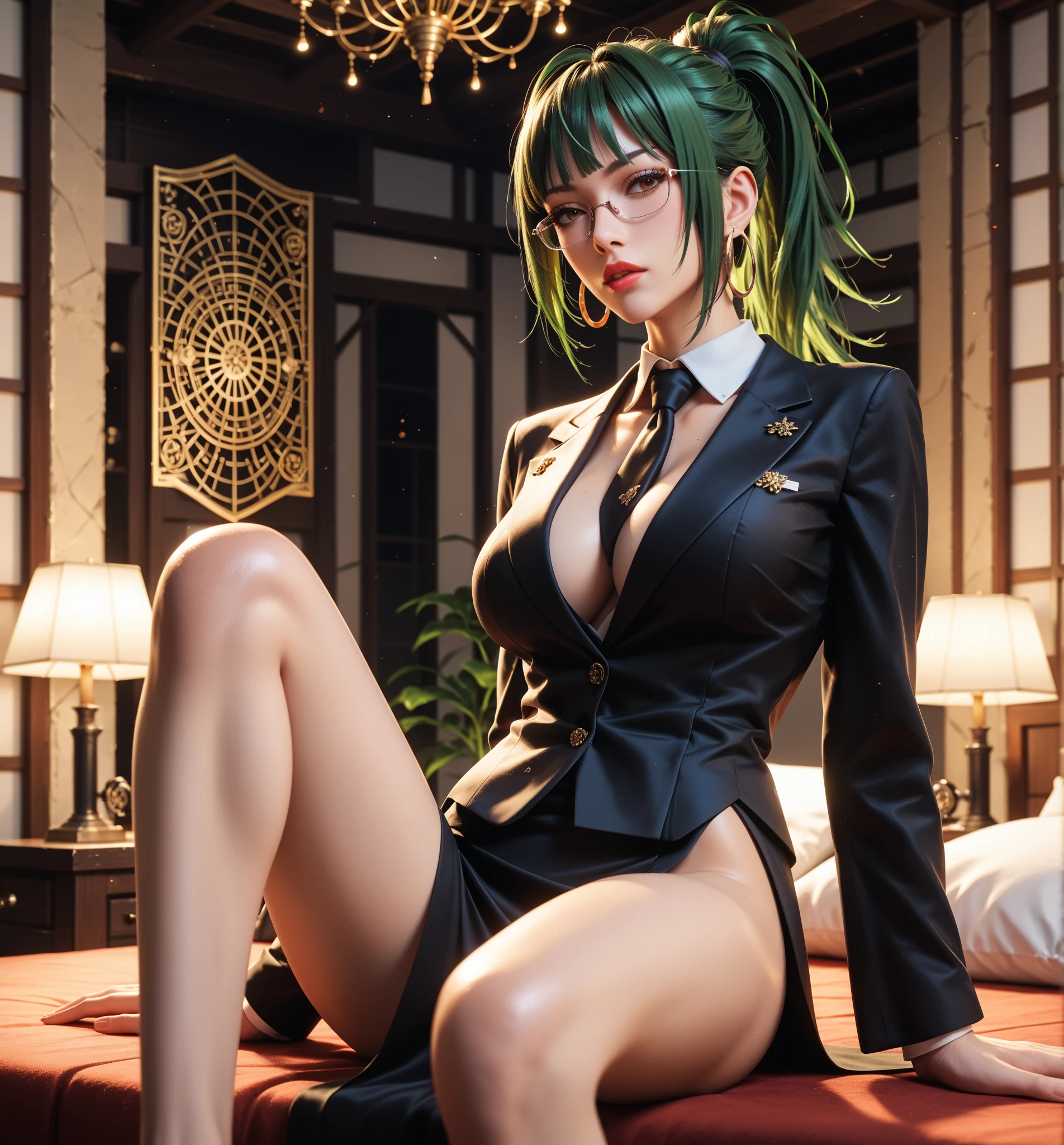 masterpiece, best quality, 1girl, beautiful girl, green hair, yellow eyes, suit, happy, looking at viewer