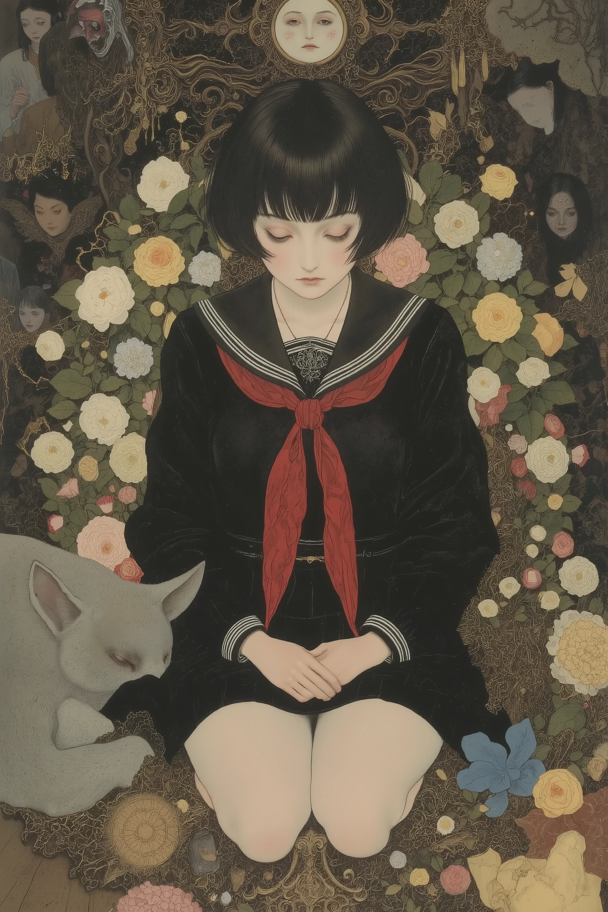 1 androgynous,alone,beautiful face,turime,black hair,short hair,Bob cut,((wearing Japanese school black sailor uniform with mini black skirt, red ribbon,long sleeve)),sleeping,harf closed eyes,sitting floor,in japanese old room,Curtain,((many types of flower:1.5)),((melancholic)),(japan The Taishō era,taisho roman),black,gold,red,scarlet,Zdzislaw Beksinski style,Gustav Klimt style,dramatic chiaroscuro lighting , mysterious mood,romantic mood, Nihonga , Japanese painting style , Itō Jakuchū styl,horror,creepy,erotic,Nihonga,Japanese painting style,(vivid color:1.5),sharp line, dynamic pose,detailed image,anatomical correct ,scary ukiyo-e, by gustavklimt