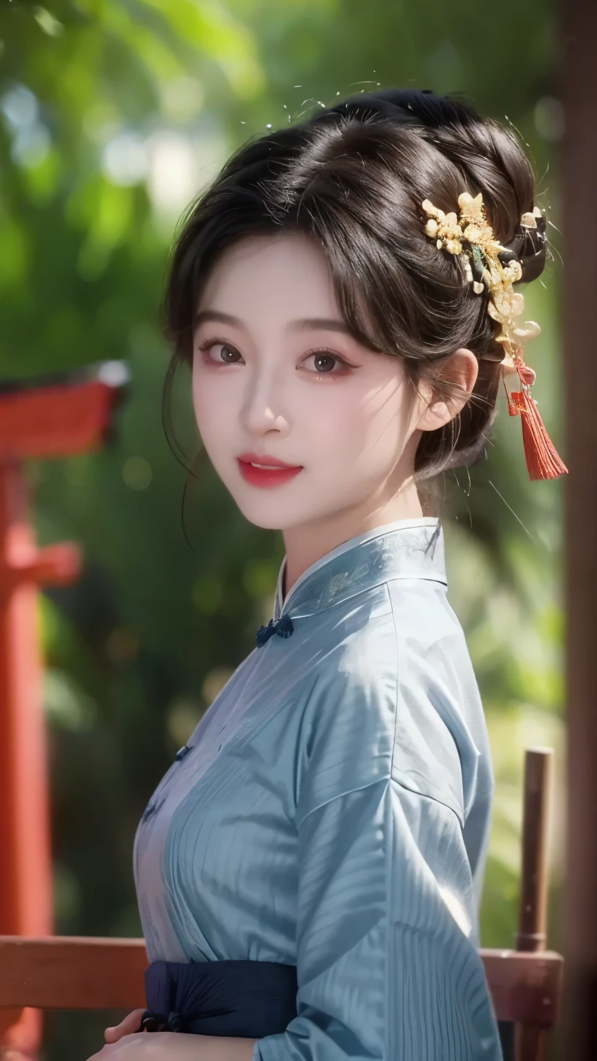 1 beautiful girl,Best Quality,(painting:1.5),Chest,torii,,depth of field, detailed face ,facial focus,ribbon_trim,(watching the audience:1.25),Smile,Thick lips,Real People,dark blue cheongsam