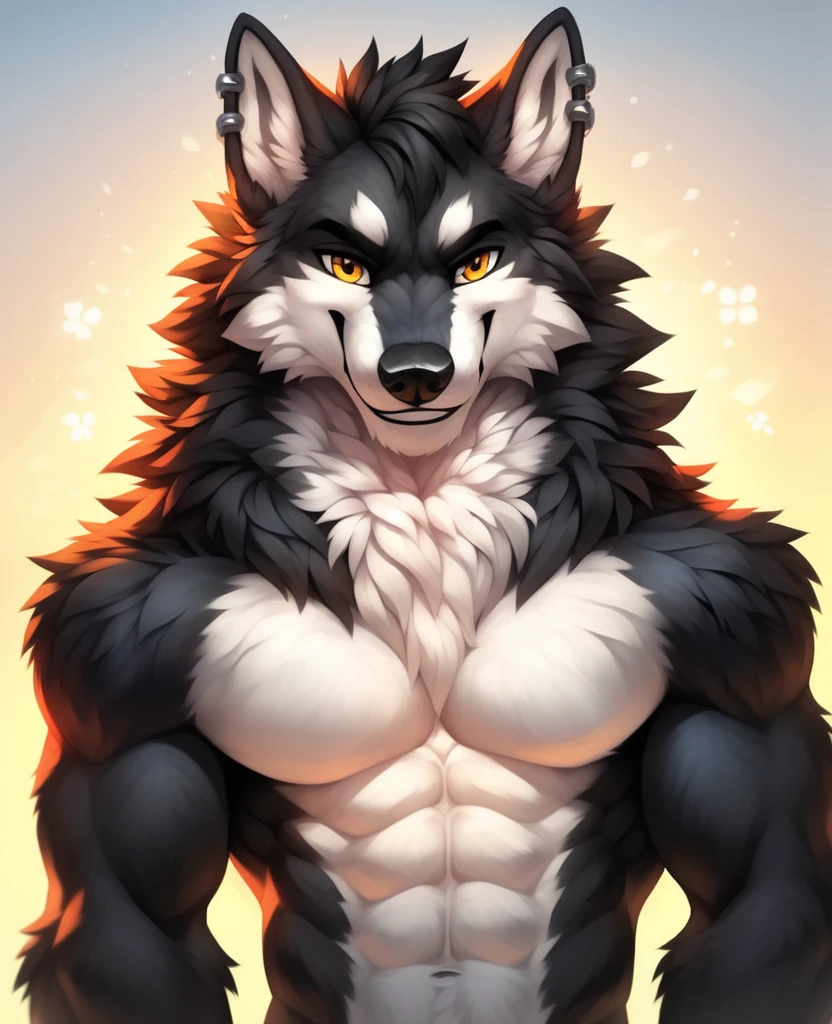 male alpha wolf in garden, black skin, red tattoo, waning moon tattoo on chest, ((heterochromia, blue left eye, red right eye)) dreamy background, kindness, unlimited light, magnificent sunset background, octane render, beautiful features, beautifully detailed eyes, intricate skin, detailed face, perfect skin texture, extreme details, full body vision, cinematic lighting, professional lighting, centered, looking at camera, 8k, shooting with Hasselblad X1D-50, maximum focus, depth of field, perfect lighting, light particles, (best quality), (masterpiece), (ultra detailed), sharp focus, light particles