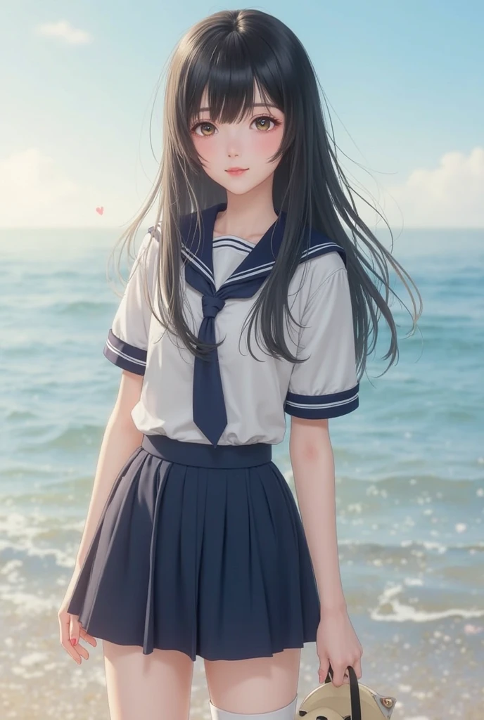black hair long straight hair,  small face with , brightened face tone due to reflectors, Big eyes, Cherry-like lips , Oval face, dog statue with sleeve,  high bridge, Korean, girl, Skinny body , super high resolution at home, white short sleeve shirt, navy tie, Navy skirt, White half stockings, black Mary Jane shoes, 20s, white skin, First love,  light makeup, beach, smile shyly, show everything from head to lower body,  closed mouth, realistic, Real people 