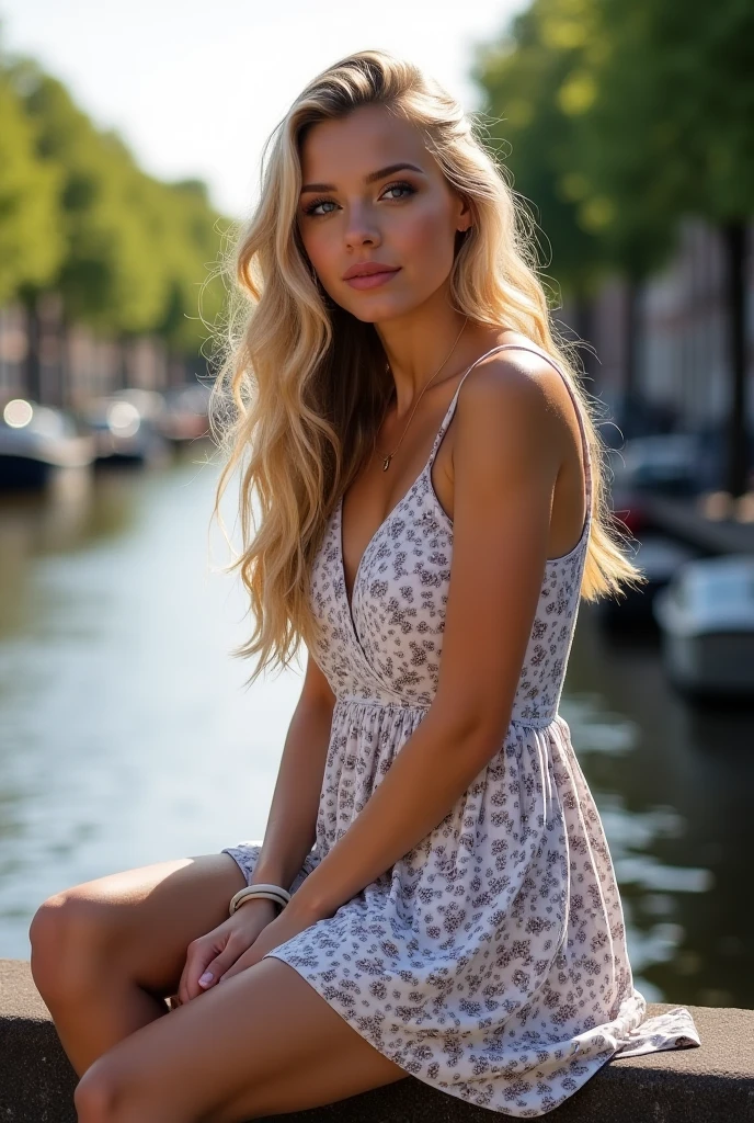 Beautiful girl out in the meadow, sun dress, blonde hair, sexy woman
