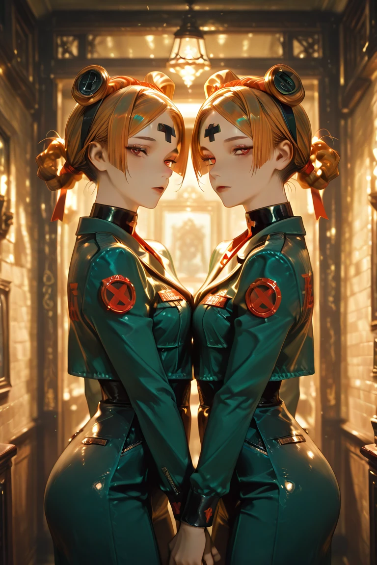female twins, hair styles different, hair colors different, iris colors different, outfits different,