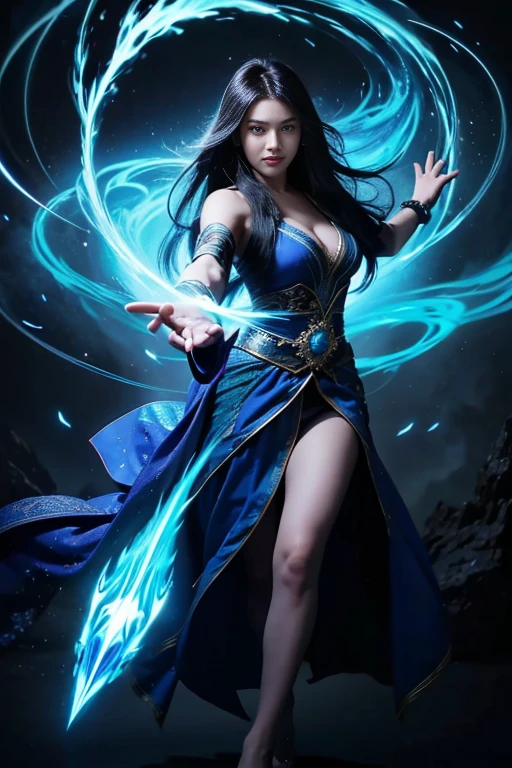 1 girl,black hair,blue fire,electricity,vitality,fire,fire焰,ghost,luminescent,Human jade,jewelry,閃electricity,lips,long hair,magic,skull,alone,Spirit,