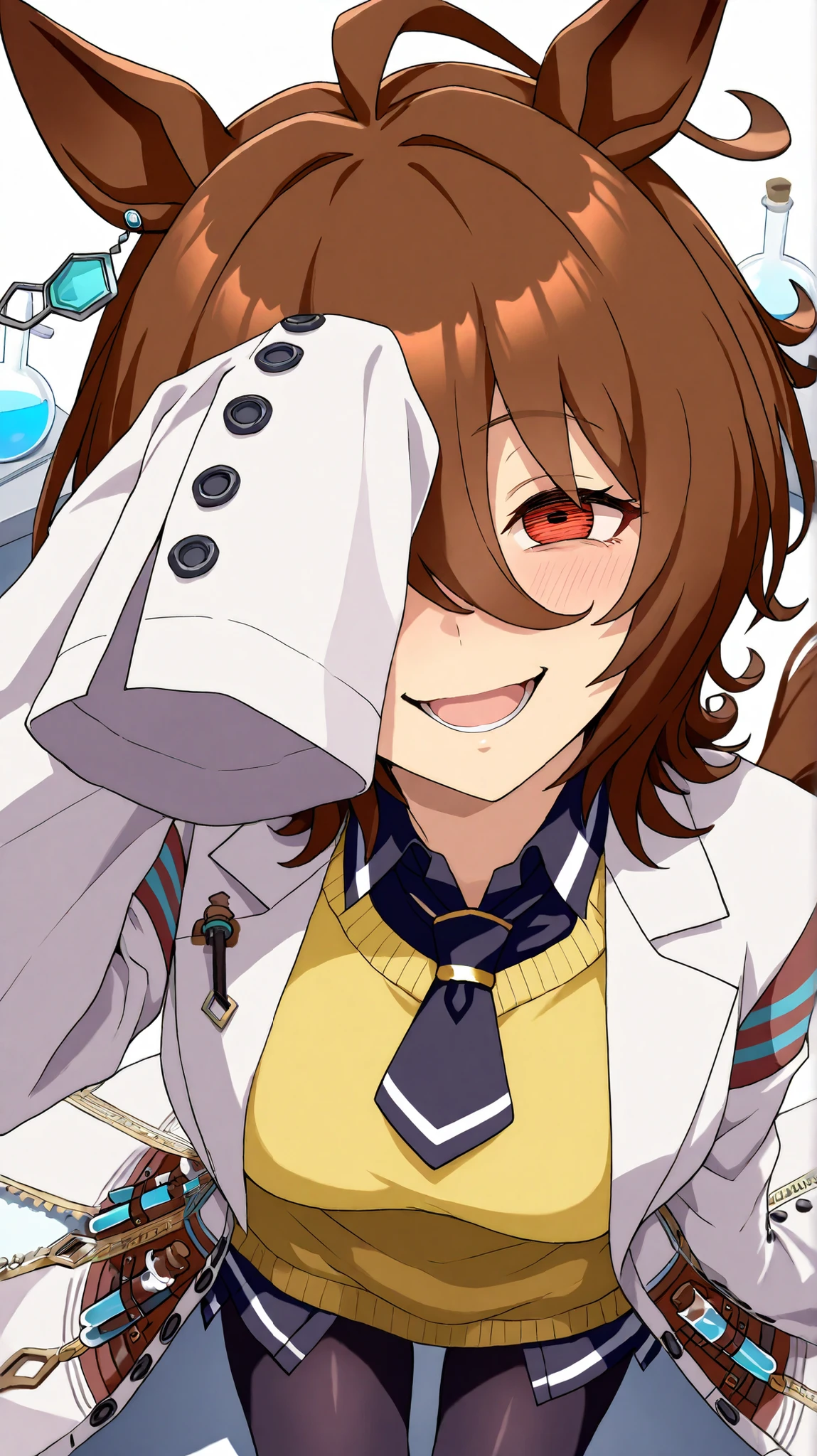 agnes tachyon,umamusume
High quality , best quality , masterpiece, High Resolution , detailed face( LoRA: agnes tachyon),anatomically correct, detailed hair(LoRA: agnes tachyon) ,detailed bangs(LoRA: agnes tachyon),anime coloring
solo, 1 girl,
agnes tachyon, horse ears, horse tail
labcoat, sleeves past fingers, yellow sweater, black necktie, pantyhose, single earring
close up , looking at viewer ,from above,upper body
Laboratory, flask, experimental tools ,
, crazy smile,blash, excited, face, facepalm, torogao