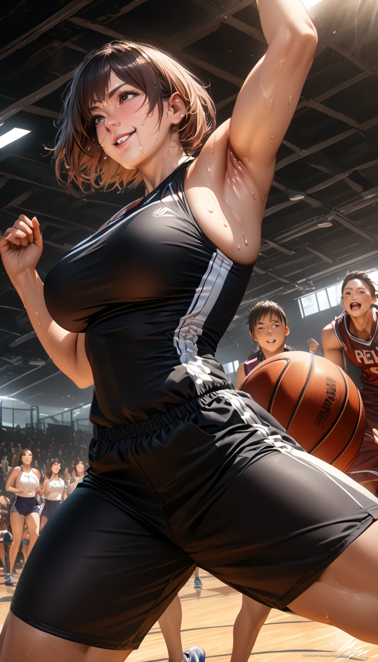 (High detail RAW Photo), (Cowboy shot:1.3), 1girl, asian, detailed beautiful face, tall torso, (topless:2.0), hard nipples, (Thick body:1.5), mature, navel, (colorful pattern sweatpants:1.6), navel, basketball court, outdoor, exposed by light, summer, day, hot temperature, (((dynamic basketball pose:1.4))), ((sagging breasts:1.1)), (exposed lower belly), ((cowboy shot:1.3)), (Heavy breathing:1.2), (Sweating:1.3), (Whore, bitch, tomboy, threatening, bully, naughty), (smug face:0.4), (moles, freckles), (Realistic healty human skin), (Plump:0.5), ((multicolored)), Guinevere_ML, orange hair,