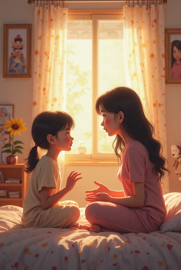 There is a room and a bed in the room, a window left side of the bed, a 18 years girl in black hair white dress sitting on the window, a 18 years boy sitting in the bed, and the background wall is in yellow and painted some red butterfly over the wall, other wall of the room is seagreen color, they are smiling, and the time is night, the girl is actually dead but she came all way along to meet her friend for the last time,