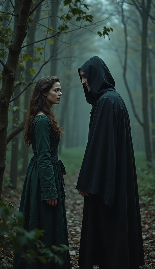Dense thickets. Lots of broken trees and branches. Gloomy lake. A portrait of a woman as Ophelia with red, dirty, long, red, wavy hair. She's not looking at the camera. Behind woman stands a mature male demon wearing a black, torn hood, leaning, whispering something into the woman's ear. A position full of resignation, with the head lowered. Wearing worn and torn medieval women's clothing. The women's medieval costumes are wet and stained with mud. All around, a dense and gloomy, swampy forest shrouded in morning fog. Sunlight creates interesting chiaroscuro and vivid colors. Dense thickets. Lots of broken trees and branches. A forest lake in the background.