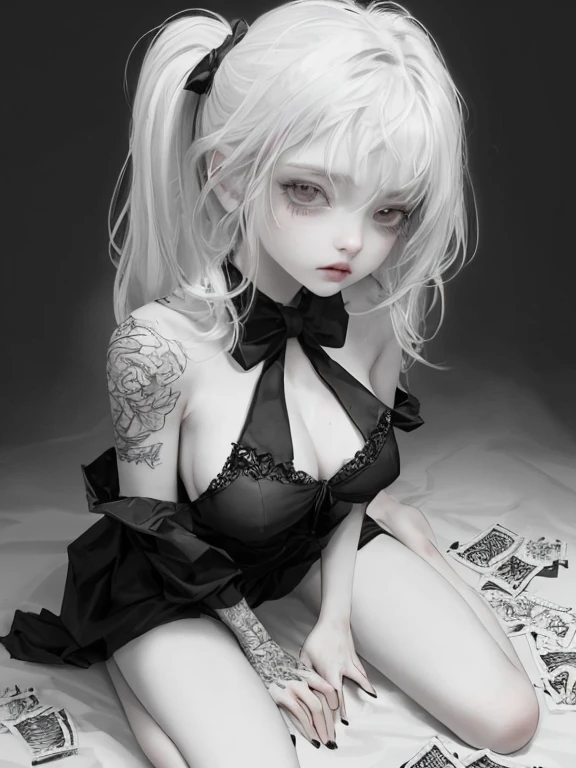 score_9, score_8_up, score_7_up, pinup girl pose, ExpressiveH, 1 girl goth, 22yo girl, drow elf, white short hair, normal body, red eyes, full lips, wearing a gothic outfit, small metal accessory, tied to bed with legs spread wide and up, hands tied to headboard, pink girly aesthetics, cute, kawaii, dramatic angle, unique perspective, comic book angle, wide angle, floating neon hearts, semi-realistic, looking at viewer, surprised look on face, pink lipstick, beauty marks, girly skimpy nightgown, detailed background, plush toys, pastel colors, heart-shaped decor, dynamic lighting, intense atmosphere

