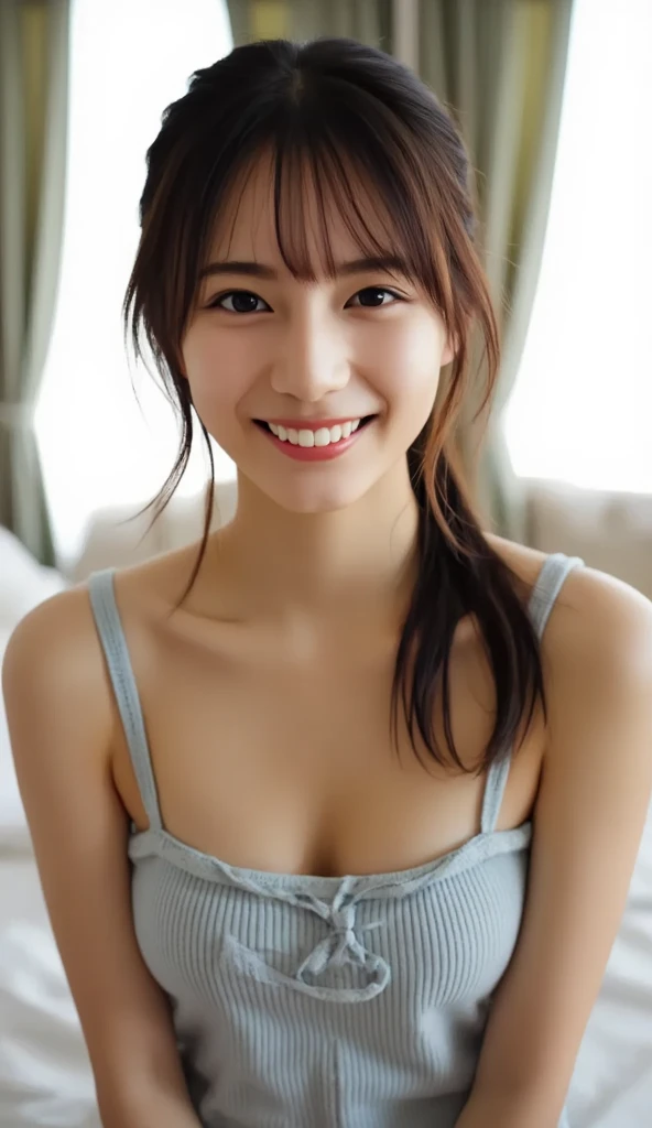 masterpiece,best quality,(Japanese ),((Beautiful girl)),cleavage,indoor,(perfect body beauty:1.2),(shy smile),beautiful teeth,
