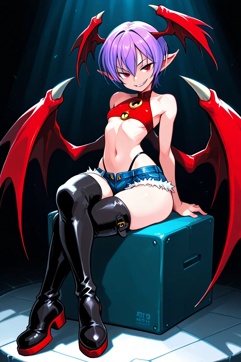 Etna,red hair,twintails,pointy ears,flat chest,evil grin,large breasts,
gloves,jewelry,choker,thighhighs,black elbow gloves,belt,miniskirt,boots,bare shoulders,midriff,bra,skull earrings,small bat wings on upper back,demon tail,
outerspace,stars,(toned:1.2),
(insanely detailed, beautiful detailed face, masterpiece, best quality),
<lora:Etna-10v5:0.7>,