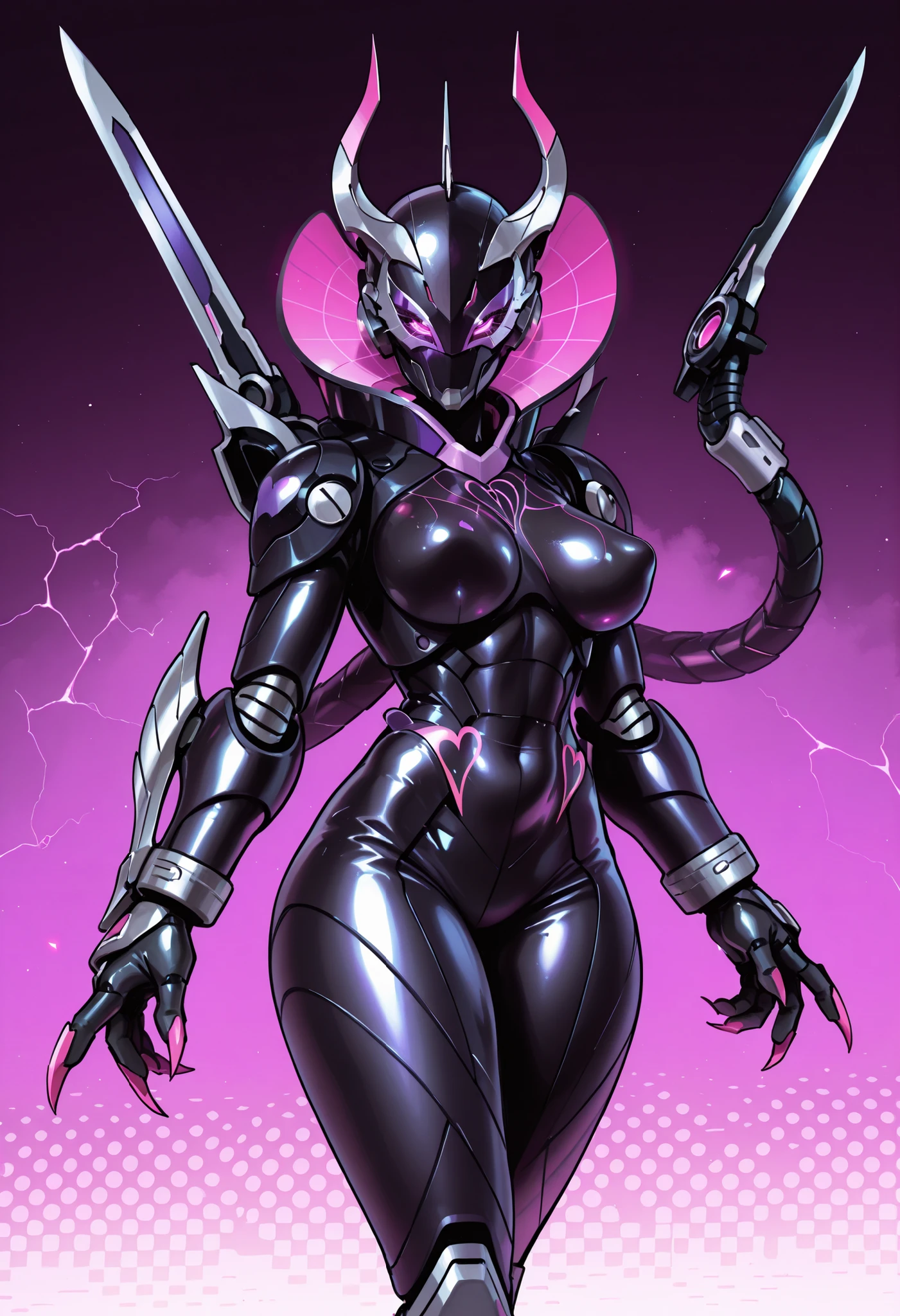 Dark UltraWoman. (high quality)(luster)((Black Face and red eyeline))(Black and purple thema color. black helmet. A full-face helmet. Pink lines. Purple glowing mechanical eyes. The whole body is covered with a black bodysuit. Thick legs. Spike decoration. Pink lines all over the body. Heart tattoo . purple coloreye. pink glow crystal. pink sharp claw. Night background.