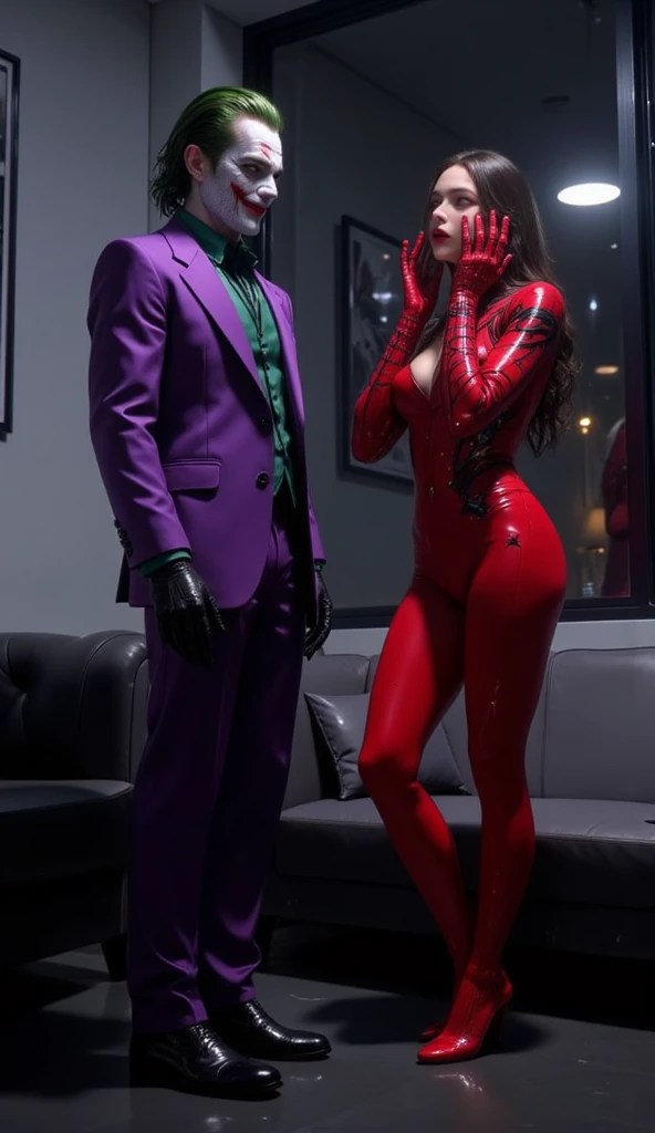 dark fantasy book cover, sexy man in suit with brown hair with a sexy woman dressed as a witch with purple hair highlights, shes in a sexy outfit wearing gloves and holding an apple