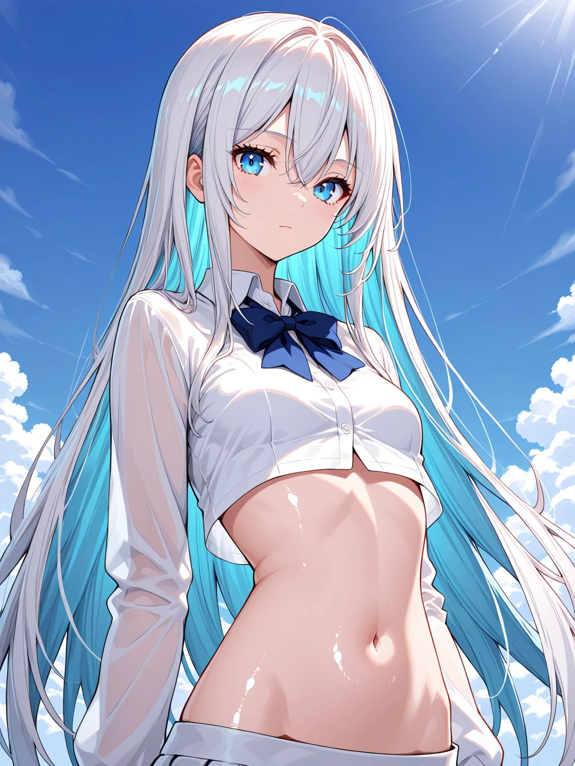 nsfw, 1girl, swimsuit, striped bikini, striped thongs, bare shoulders, bare arms, navel, thighhighs, masterpiece, best quality, ï¼1girl, solo, long_hair, red_eyes, ribbon, red_ribbon, neck_ribbon, looking_at_viewer, school_uniform, blue_hair, blue_background, upper_body, shirt, closed_mouth, white_shirt, short_sleeves, bangs, hair_between_eyes, tokyo-3_middle_school_uniform, sky, very_long_hair, blue_sky