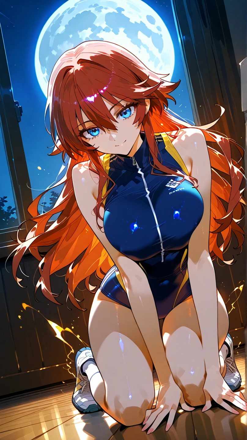 1girl, bright, orange hair, star motif, multicolored hair, blue eyes, saleme, head mask, side light, light particles, wallpaper, big, plump, idol, swimsuit, loose, fluffy, quiet, smile, gentle, clear, sexy