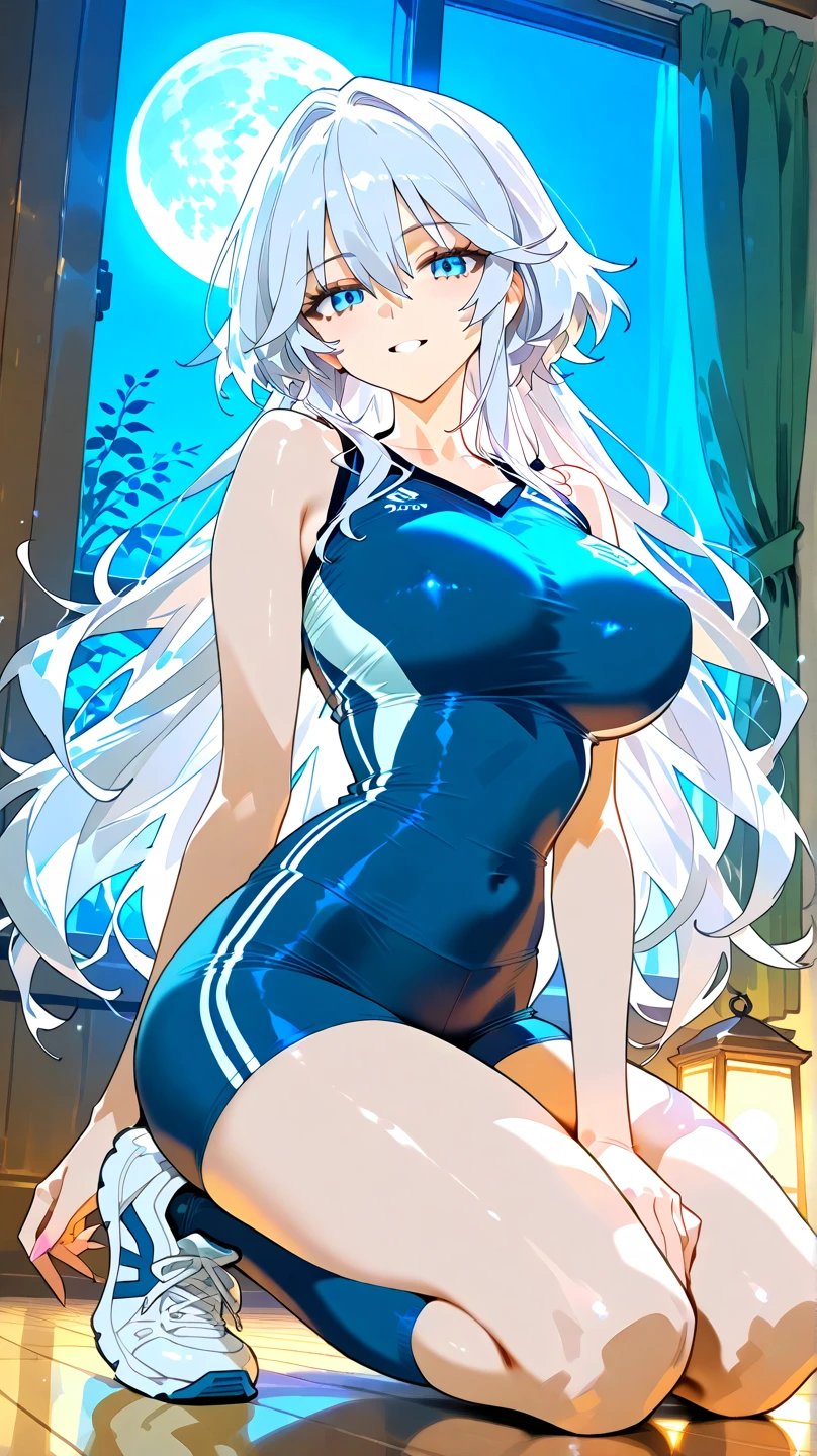 woman, solo, Mauve Hair, Long hair that reaches down to the waist, ((Wavy Hair)), Trimmed bangs, Clear skin, large breasts, Narrow waist, Posing with the back of the hand resting on the waist, Big eyes, Rainbow Eyes, A one-piece dress cinched at the waist, bare shoulders, Light blue dress, Daytime, Blue sky, Shining Sun, Large Entrance Clouds, Backlight, Looking up at the sky, Dripping Sweat, A chest that reveals the collarbone, Silver thin necklace,