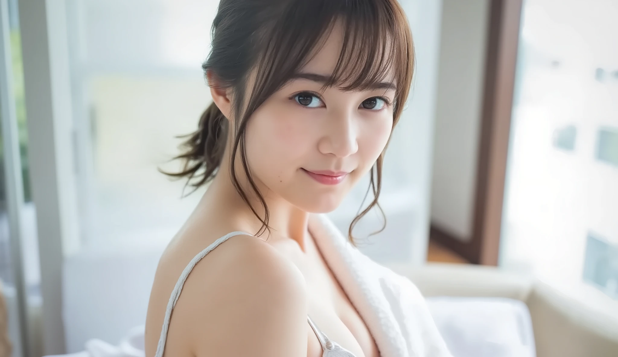 (The beauty of a pretty girl、、18age、brown eyes in the bedroom( high resolution eyes 、beautiful、 light in eyes )、、Ultra-accurate、high quality DVD、Highest Quality、 、(Dark Brown Hair:1.5)、fine skin、beautiful大きな胸)、 full body、(gold bikini:1.5)、 smile、( wearing a bikini)、、wavy hair with a graceful expression、 oil body