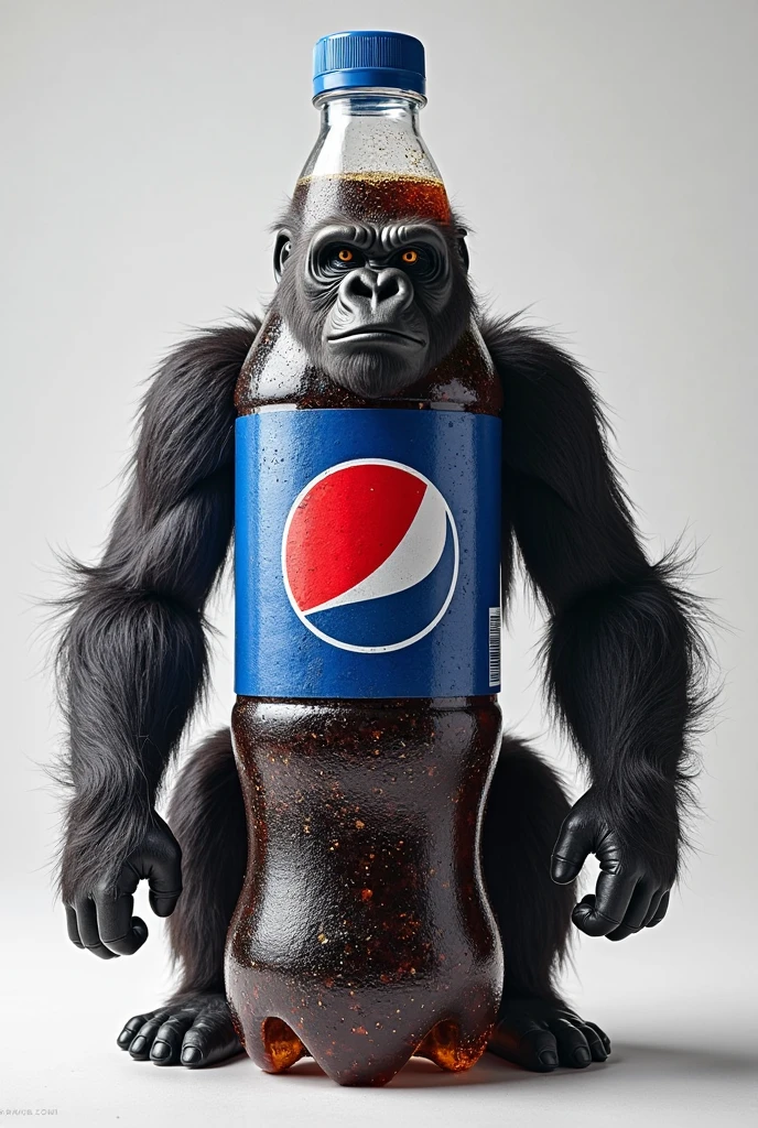 gorilla , in beautiful clothes, jeans, a pink T-shirt, with a bottle in his hand, on a plain blue background,