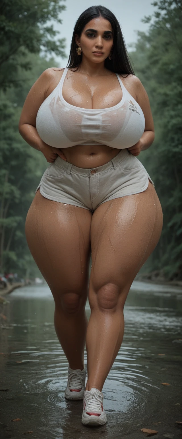 PALE WOMAN WITH HUGE blue eyes, white LINGERE, looking over her shoulder, standing in the rain, soaked wet, EXTRA LARGE BUTT, ACCENTUATE BUTT, hyperrealism, veiw from behind, rain forrest back ground, wearing boho jewelry and high heels