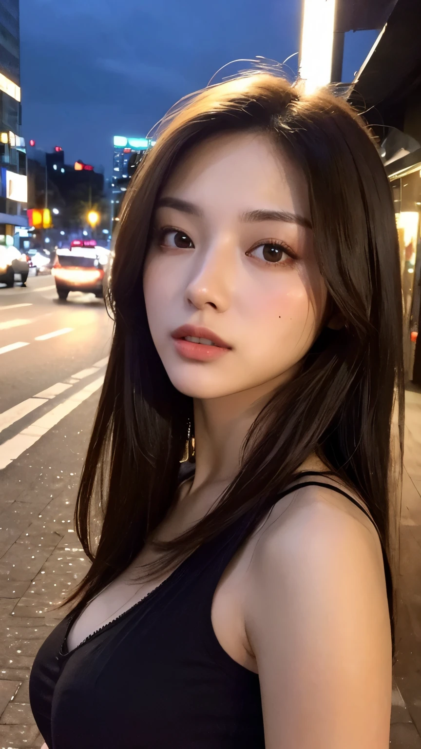 (8k, RAW photo, best quality, mastery:1.3), (realistic, photo-realistic:1.37), (looking viewer:1.331), (brunette hair), posing, Tokyo street, nightcityscape, cyberpunk city, soft light, 1girl, extremely beautiful face , Perfect body proportions, (small face: 1.1), bust, casual hairstyle, smile, big eyes, (off-shoulder clown outfit), mix4, detailed eyes