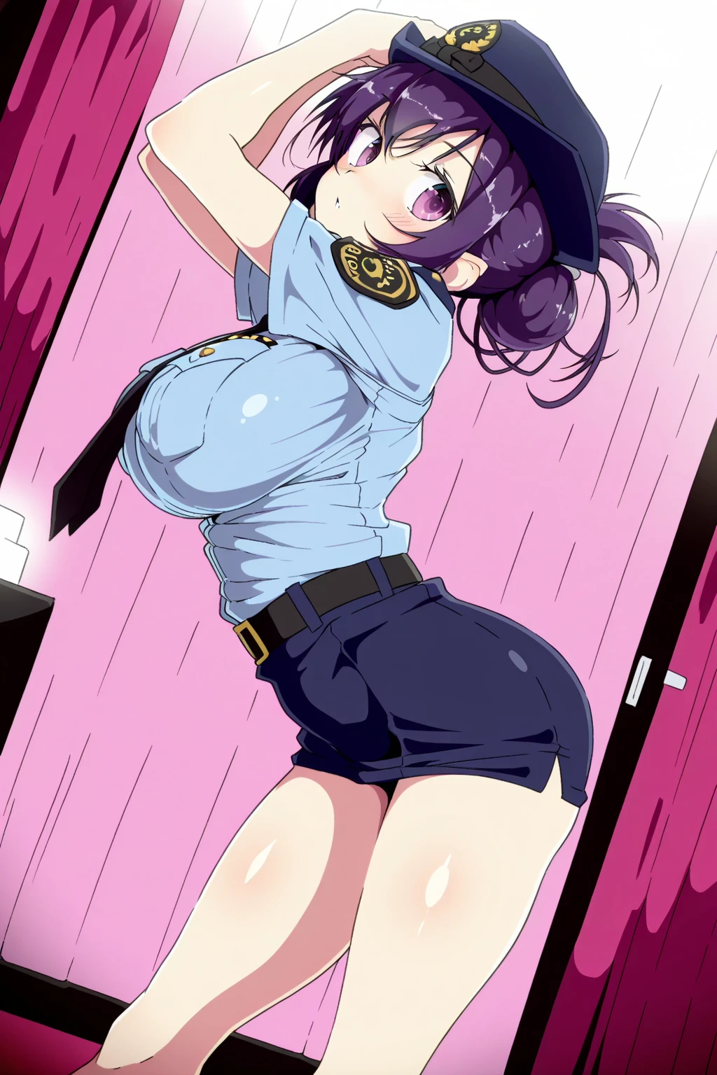 (Perfect body),Best Quality,(8K Portrait),(anime screen cap)、(Police Hat)、((Police Woman)),blush,Sweat,(((large udder)))、(Dark hair),((bob cuts))、Yellow eyes,(((thick thighs))),((Navy Blue Micro Bikini))、((A smile))、showing teeth、one eye closed、(Chibi)、Squatting、From below、(Hands behind the body)