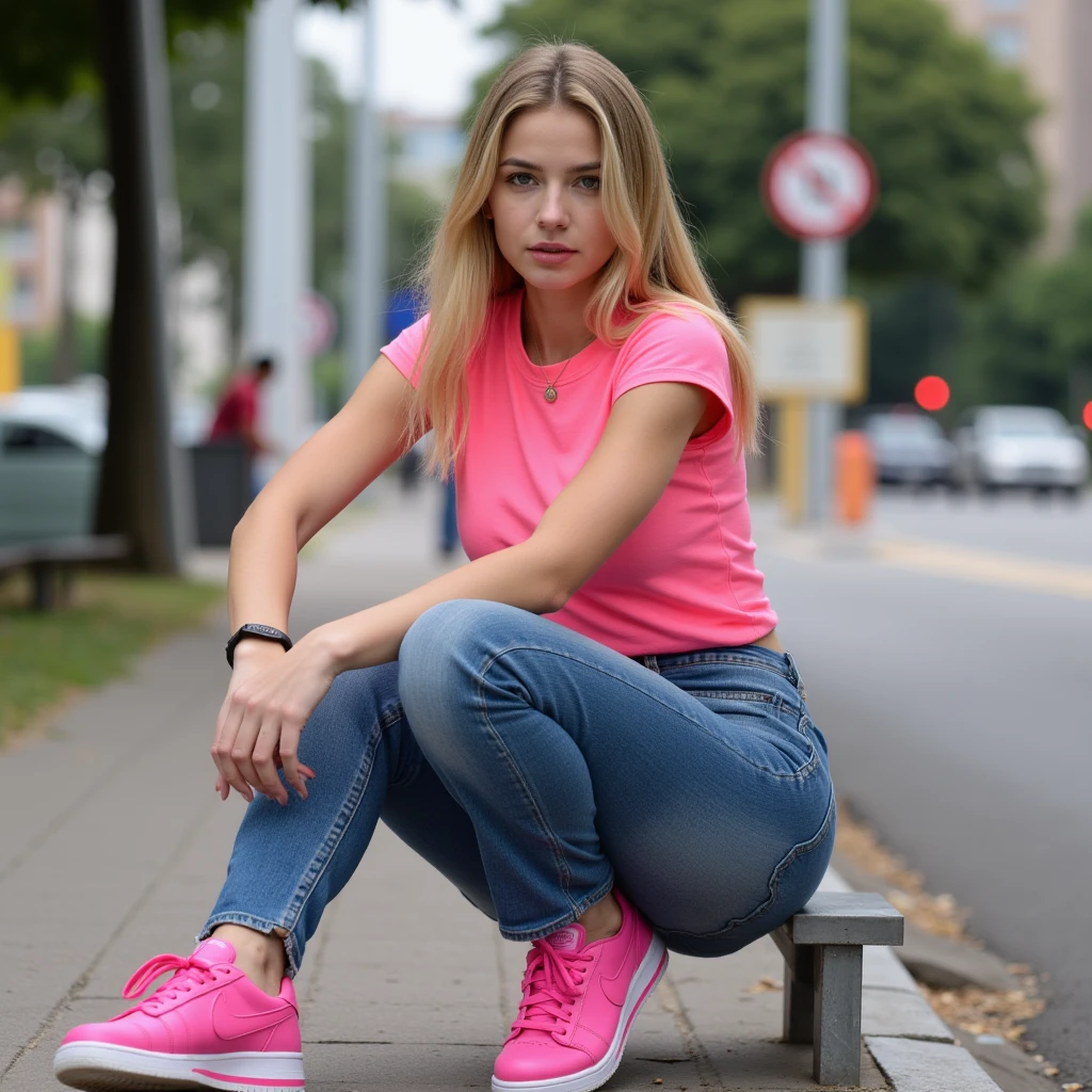 A woman sitting cross-legged on the steps,chin on hand, Jeans and multi-colored shoes, in Soft colors, very nice Soft colors, Mellow Atmosphere, Soft colors only, Marissa Becker, Soft colors, Focus only on sneakers, Soft tones, lovely Soft colors, feminine in cute Soft tones, rich Soft colors, Pale blue and pink