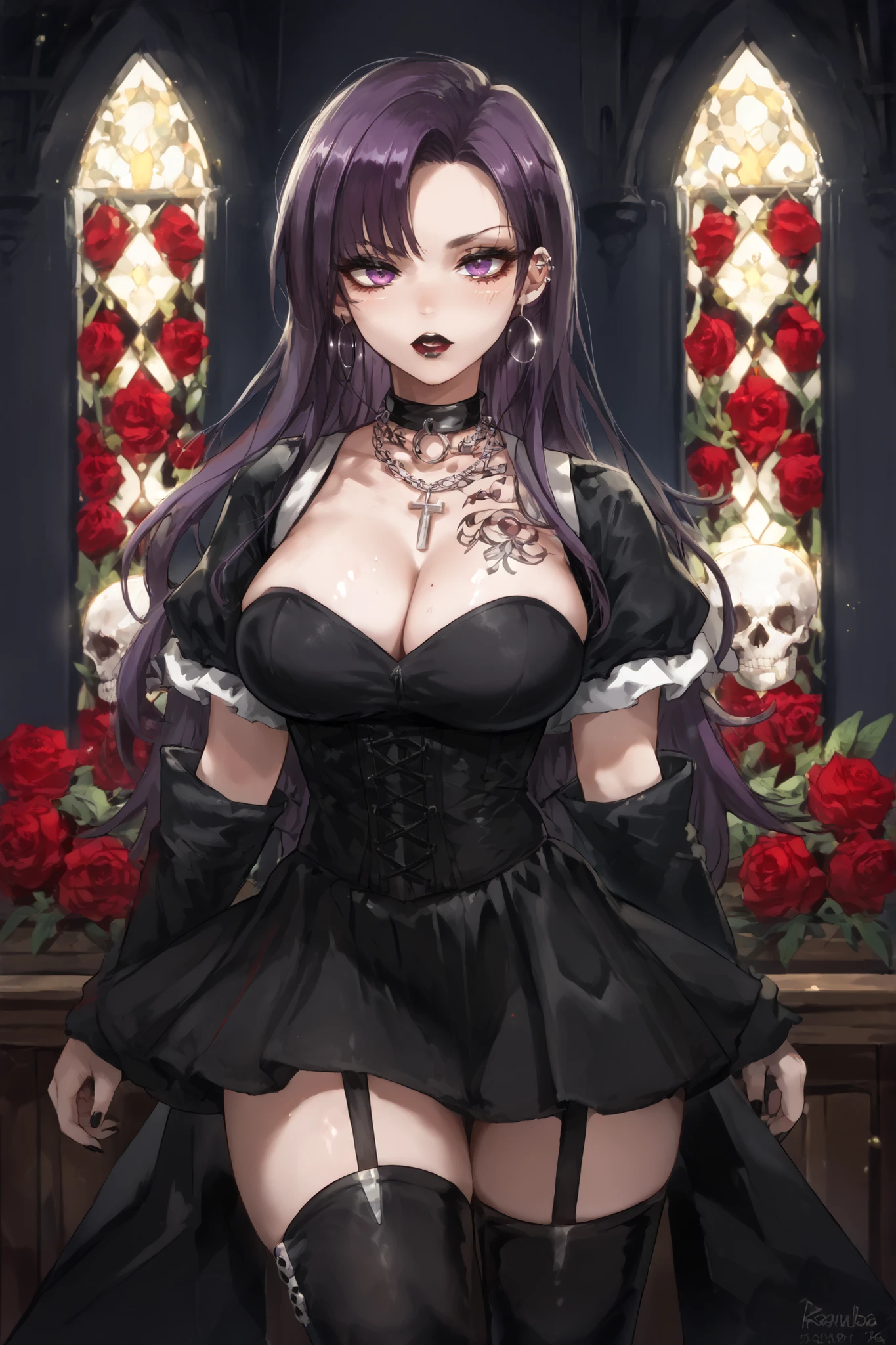 4k, ultra detail, masterpiece, cinematic lighting with great contrast, dark moody atmosphere with warm red ambient glow, 1girl, gothic woman, curvy figure with a slim waist, large natural breasts with deep cleavage, rounded hips, long hair with a slight wave, half black half purple hair color, pale skin, dressed in a shiny black PVC corset with a front zipper and lace detailing, paired with a black ruffled mini skirt with tulle layers, black lace-up thigh-high boots, extensive tattoos covering her arms, chest, and thighs featuring gothic and horror themes (skulls, roses, and ghostly figures), silver hoop earrings, layered necklaces with gothic pendants, polished nails in matte black, standing confidently with hands on her hips in a room with wooden floors, a gothic arch wall decoration in the background, and a red-lit ambiance