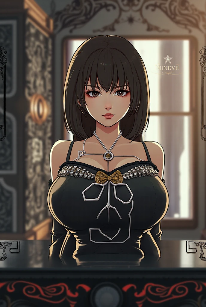 score_9, score_8_up, score_7_up, score_6_up, score_5_up, score_4_up, BREAK 1girl, intricate, school outfit , (eyeliner:1.2), looking at viewer, black hair, hime-cut, long hair, pale skin, jewelry, detailed background, huge breasts (masterpiece, high quality:1),