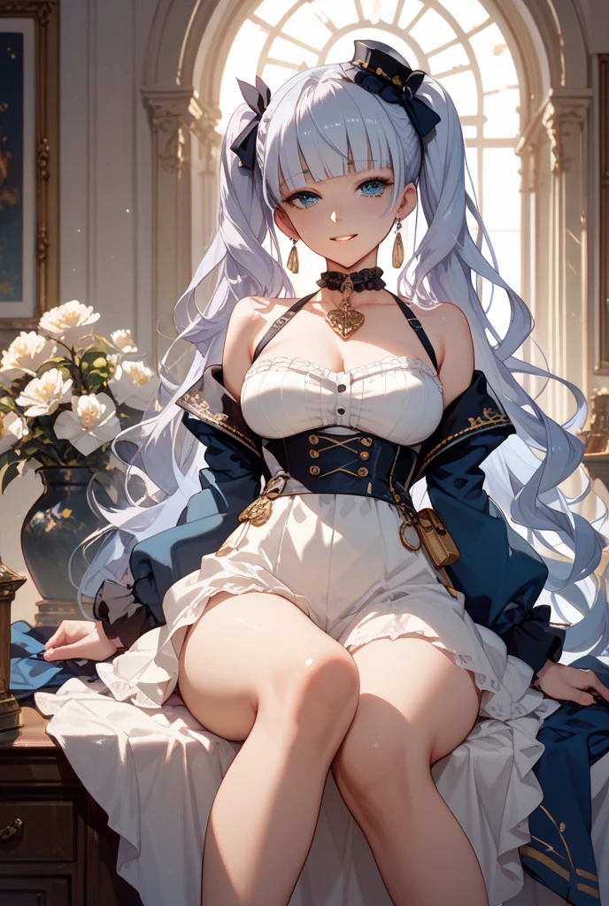1girll, offcial art, Masterpiece, Sharp focus, (Beautiful gorgeous lovely Korean women:1.3), (beautiful lovely Korean people:1.3), Korean beauty, Delicate and beautiful hair and eyes and face, Realistic, Ultra detailed, Beautiful girl, Gorgeous banquet hall, Luminous white particles, (side-lighting:1.2), luxury interior, Slender, Lovely very large breasts and very large hips, smiling with teeth, ((Smile with your eyes, open both eyes)), scenery, Long hair, Drill hair, sexy facial expression, Dynamic hair, Long straight hair, Detailed platinum hair, glow blue eyes, Sexy sheer tights, a garter belt, white thighhighs, Pale skin, epic landscapes,