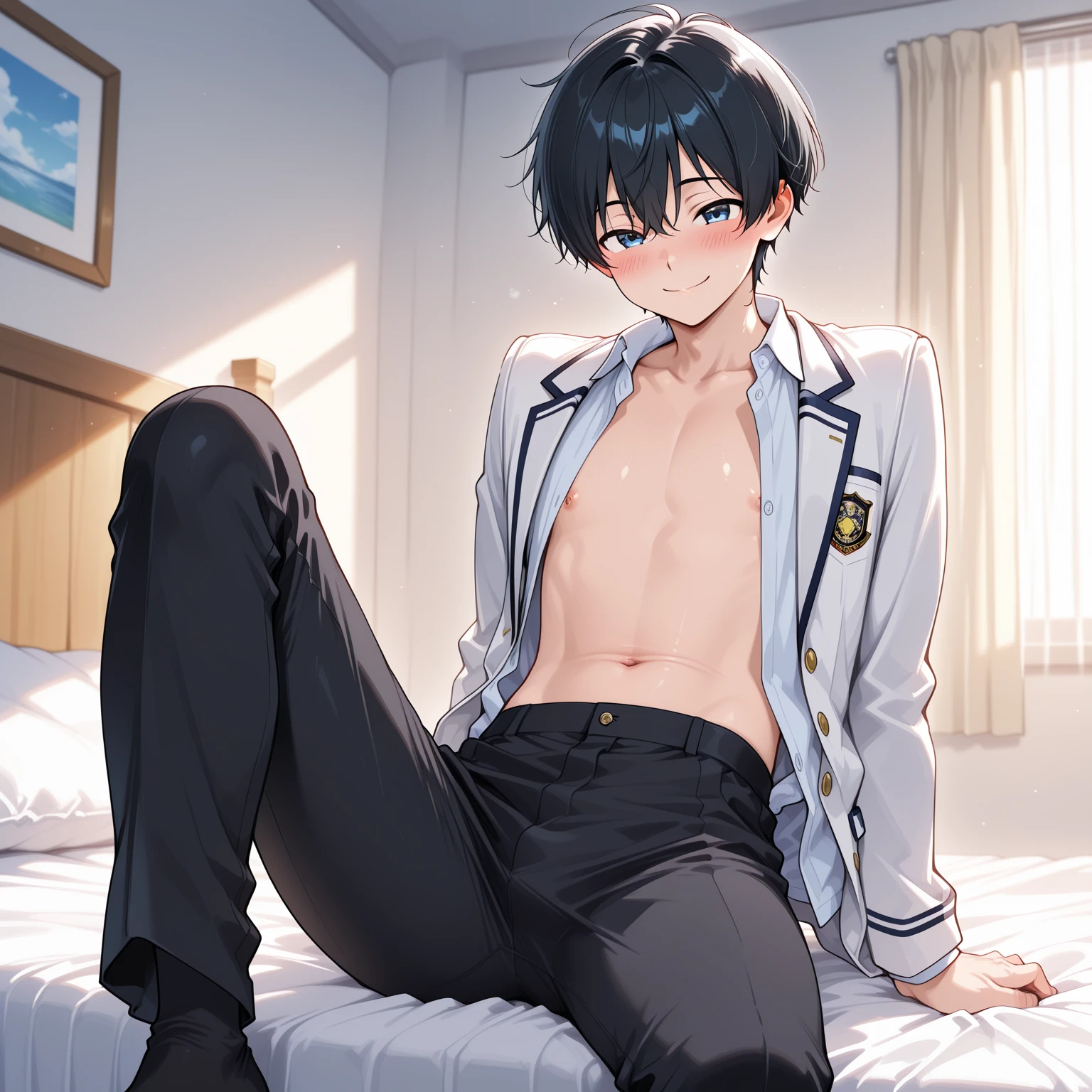 (masterpiece, best quality:1.2), solo, male focus, 1boy, saihara shuichi, sexy, looking at viewer, BREAK 1 boy, bedroom, sitting on bed, nightlife, window, city, BREAK 171cm tall, 58kg, 80cm chest, underwear, buldge, shirtless