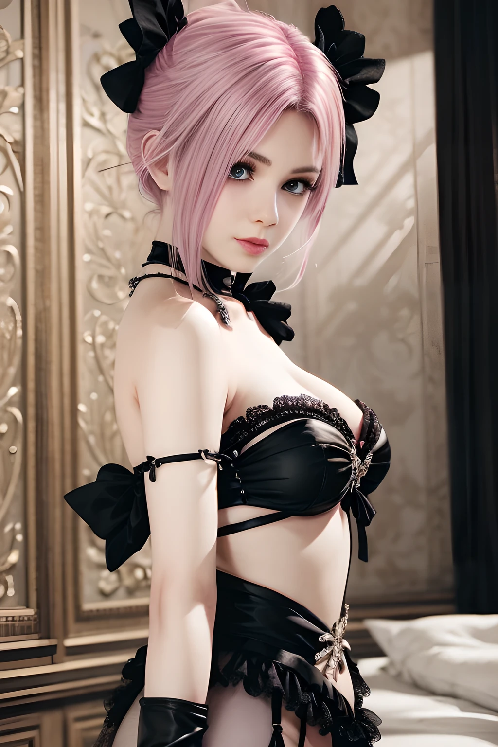 统一 8k 壁纸, portrait of a full body,Use many light particle filters for the background,((8k,Raw photography,top-quality,hight resolution,Ray tracing,nffsw,Best Quality,Textured,Post-processing,portlate.3D,),(( skirt by the, ,Pink leather sheen 3.0,Dark peach bondage)),Cute girls in Japan anime,evangerion,Rei Ayanami,Short blue hair,Big breasts that emphasize cleavage:2.0,Thin leg,Brown eyes,Elaborate limb representation,a small nose,Have a perfect body))((Limbs are2One,Number of fingers5Accurately depicted in the book、Hands are lightly clasped,Complex fishnet stockings,pin heels,fishnet tights)),((tthin eyebrows,long eyelashes,smil,二重まぶた,Vibrant eyes,)),No title required,Do not wear anything on your shoulders,Create beautiful light effects on the background,Light Particle Filter,(finerly detailed face:1.4),(masterpiece:1.4),(top-quality:1.4), (kawaii:1.4),Beautiful fine skin,((tthin eyebrows,long eyelashes,smil,二重まぶた,red lipsticks,Thin eyeliner,Plump lips)),No title required,Do not wear anything on your shoulders,(((Spread your legs on the bed,Representing a woman from below with a low-angle shot,Woman looking down and looking at floor,)))