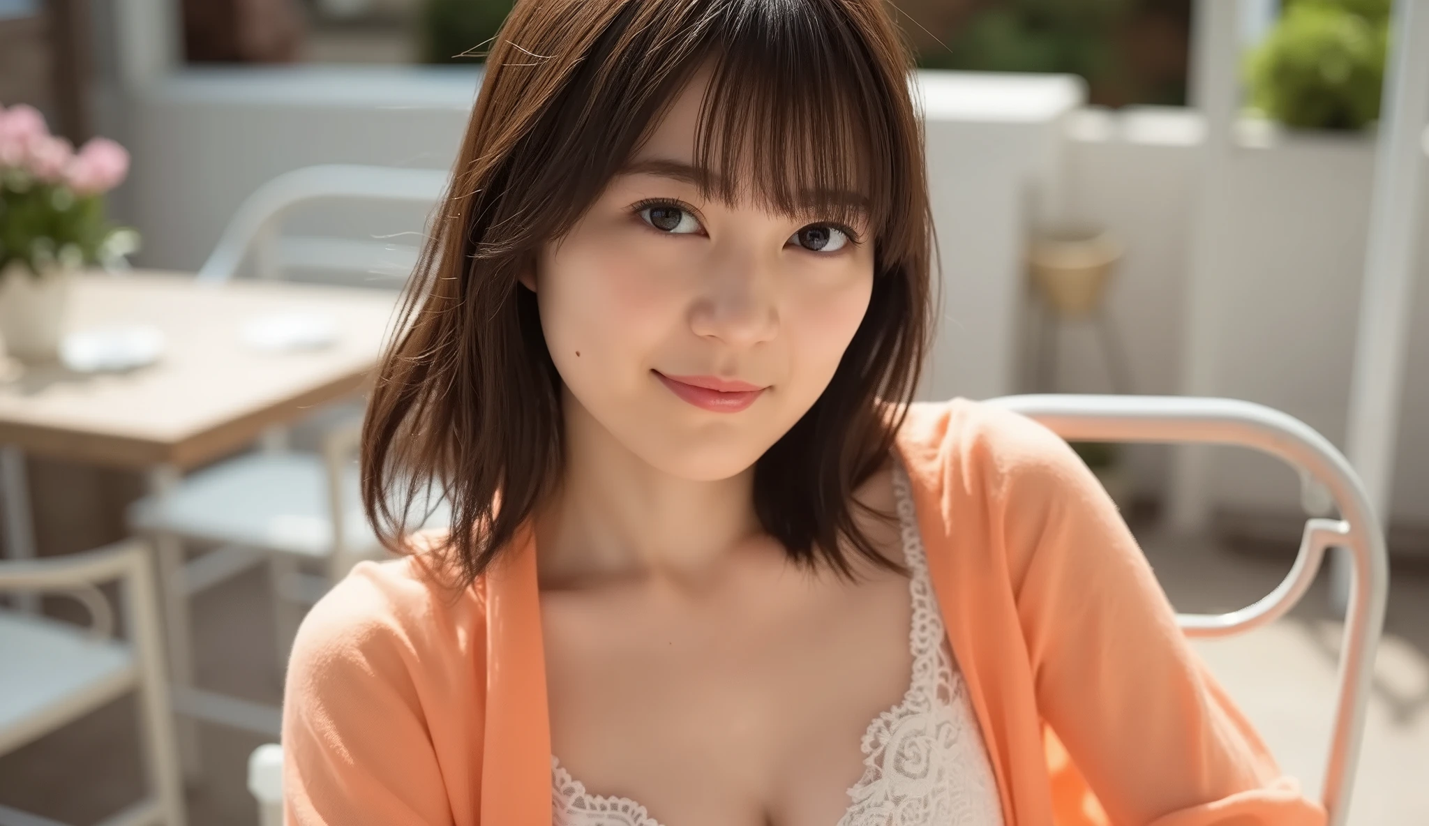 transparent front wide open light orange shirt, I see her embroidered white bra and panties, girl sitting on an open cafe chair on the terrace, round face, enchanting smiles, ((From the legs up)), belly button, high resolution, High Quality, high resolutionモデル, Textured Skin, Super Fine, very well detailed, High Quality, 32K,