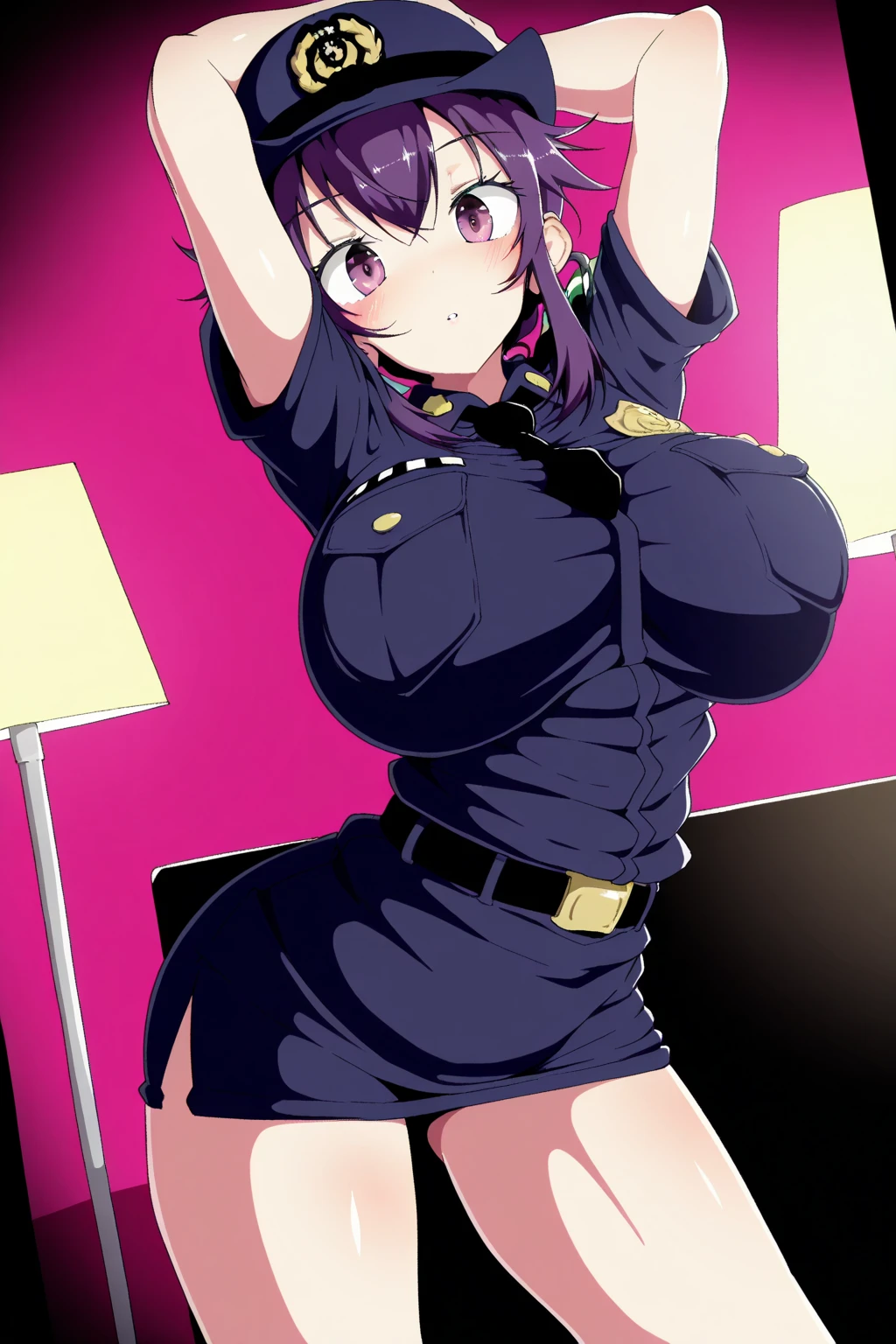 (perfect body),highest quality,(8KP○rtrait),(anime screen cap)、NSFW、Sweat,((big breasts))、obesity、(black hair),(shortcut)、dull bangs、red eyes,((thick thighs)),((big ass))、、(navy blue leotard)、glare、blush、((squint your eyes))、grit your teeth、adult w○ man、(((embarrassing)))、(locker room)、((muscular))、swollen nipples、fingerless gloves、Armpits、put your hands behind your head、(thick waist)、black boots、Leather belt at waist、M-shaped spread legs、squat