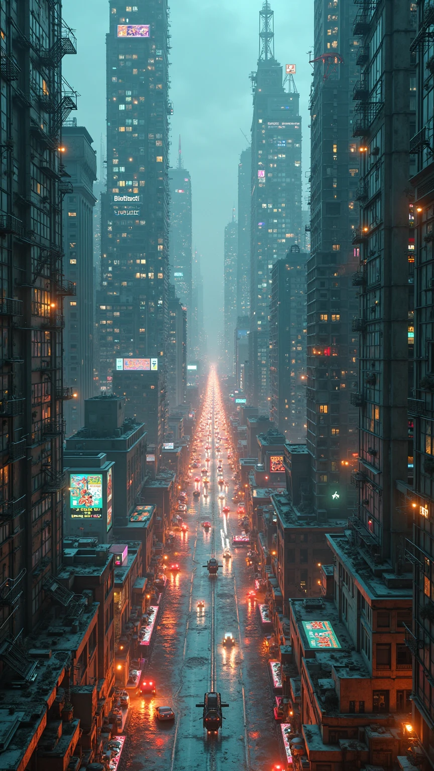 vast sprawling dystopian metropolis at twilight, endless grid of interlocking high-rise towers, low-rise tenement blocks, and illuminated megastructures stretching to the horizon, bisected by a luminous central corridor of neon arteries forming a glowing horizontal axis; towering glass-and-steel spires with translucent neon-lit lattice frameworks and brutalist concrete megablocks punctuated by rusted metal panels and graffiti murals; entire cityscape reflected as a perfect inverted mirror along the horizon line, creating an uncanny symmetrical dual image; scene bathed in cool cyan, teal, and emerald hues contrasted with pulsating warm amber, fuchsia, and violet glows from thousands of lit windows, holo-billboards, streetlamps, and advertising drones projecting moving neon advertisements above the streets; dense boulevards of traffic light streaks weaving through towering canyons, tiny lens-flare headlights and taillights forming moving ribbons across glistening wet asphalt; autonomous service drones flitting between rooftops leaving neon contrails; rooftop helipads with charging eVTOL vehicles and dim landing beacons; fine volumetric fog drifting through alleys and around fire escape stairwells; photorealistic detail capturing individual window panes, rooftop water towers, HVAC vents, cell antenna arrays, satellite dishes, rusted balconies with scattered potted plants, digital signage in multicolored Kanji, Cyrillic, and Latin characters flickering on facade screens; dynamic HDR lighting with gentle bloom and glowing halos around brightest zones; reflective glass and metal surfaces on mirrored lower half slightly warped by faint undulating ripple distortions as if reflected on calm water; reflective puddles on rooftop ledges pooling colored light; ambient occlusion and global illumination producing deep contrasting shadows and soft fill light in narrow corridors; stagnant water-filled drain grates and neon-lit manhole covers; cinematic wide-angle 16:9 composition ce