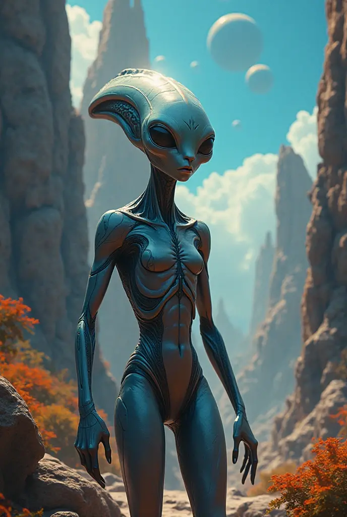 Millefiori glass style,Beautiful female alien, Realistic style, biology, Science Fiction, dark, smooth texture, shiny exoskeleton, biology力學設計, elongated head, elongated chin, Sharp Teeth, piercing black eyes, slim body, biology力學尾巴, Translucent film, Spooky atmosphere, Lush Alien Landscape, Vibrant flora, mysterious rock formations, Mood lighting, Fall, ethereal mist, distant alien sky, Fascinating celestial body