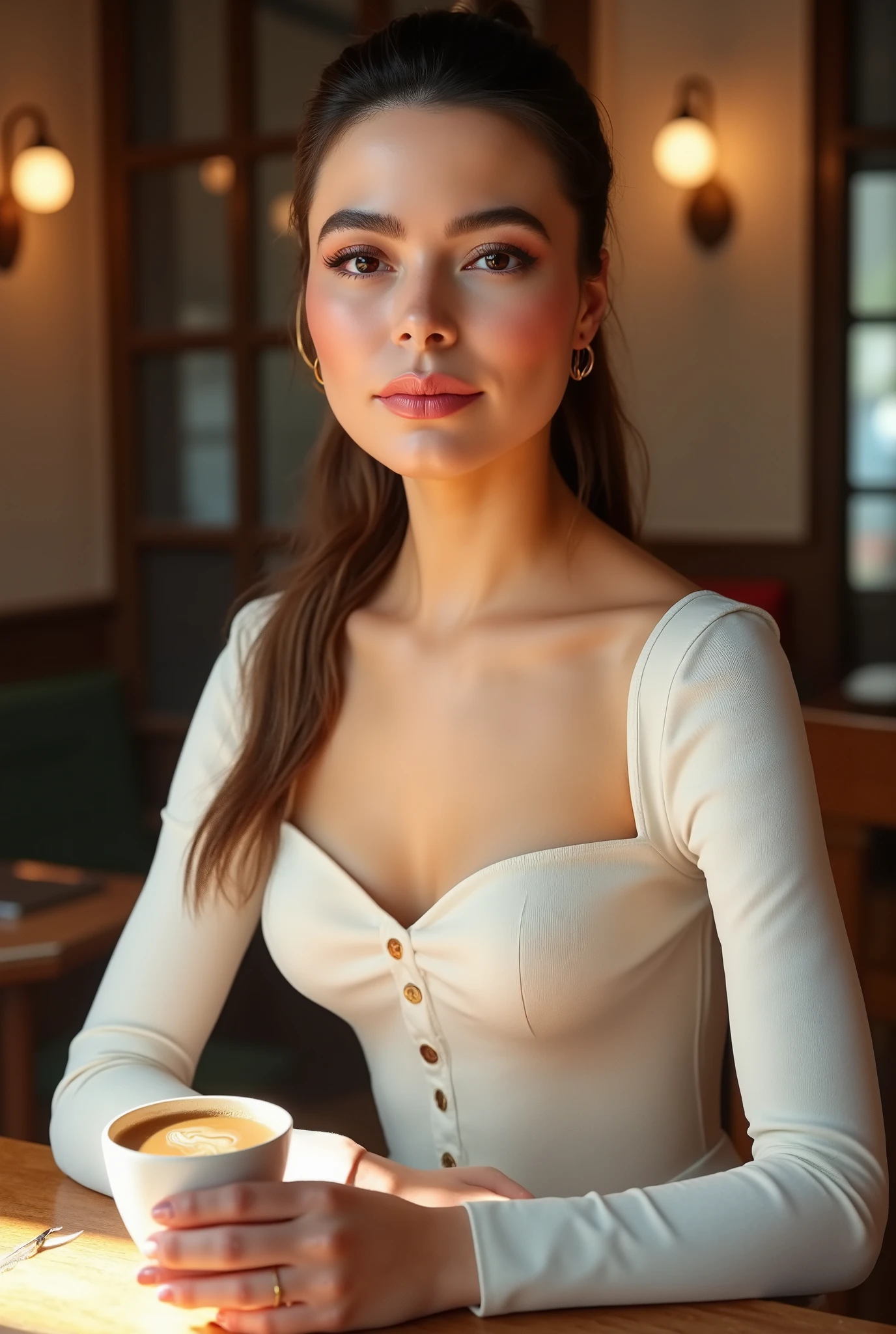 big breasts, (In perspective) A beautiful sexy brunette woman , perfect 23-year-old desk , Straight hair with a ponytail , oily and silky white skin (humid) full lips, (photorealist:photorealist, 8K), Big breasts dressed in a tight white shirt (highlighted on the breasts), sitting at a restaurant table holding a cup of coffee (series: realista, environment with intricate details), with a sensual feature on her face : (texture and environment professional photography perfect pure lighting).