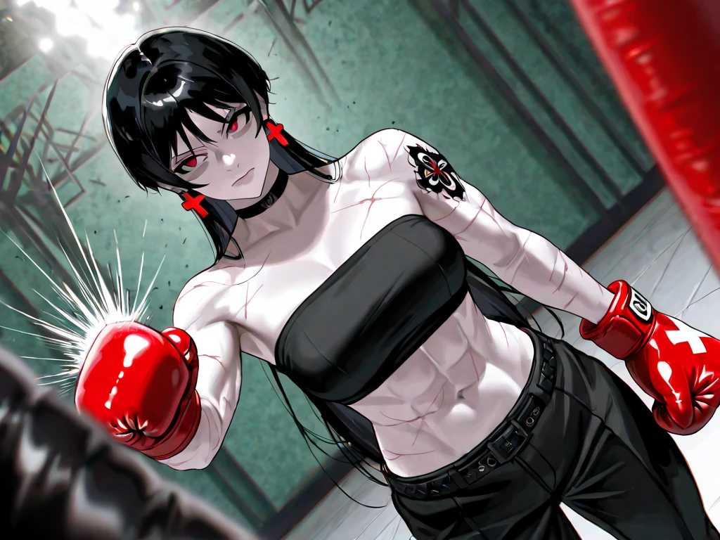 a bloody beautiful young Japanese female fighter is poised in a fighting pose in the fighting ring. Blood is dripping from her nose. She is covered in scars and bruises. she is damaged terribry. Short-cut black hair, out of breath, an eye is closed, drooling from mouth, exhausted, drenched in sweat. Muscularity. Six-pack abs. Erect nipples. sports-bra, bikini panty, open finger glove.