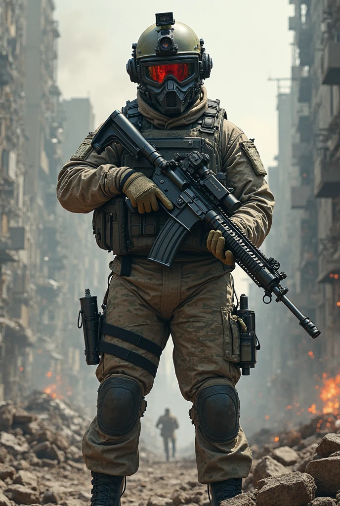 ,A hyper-realistic digital painting of an elite special forces soldier in full tactical gear, including ballistic helmet with night vision goggles, tactical vest, camouflage uniform, gloves, and combat boots, holding a high-end tactical rifle in a battle-ready pose. The soldier is standing amidst ruins of a war-torn city, with broken buildings, debris, and smoke in the background. Cinematic lighting, dramatic shadows, ultra-detailed textures, 8K resolution look, realistic battlefield atmosphere.