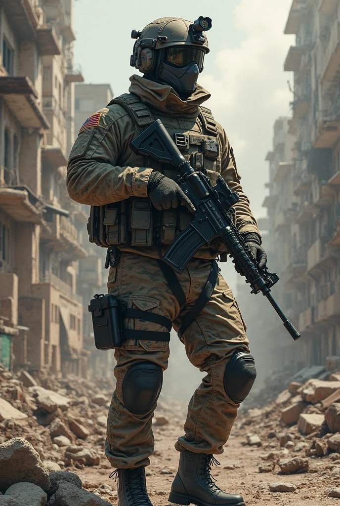 ,A hyper-realistic digital painting of an elite special forces soldier in full tactical gear, including ballistic helmet with night vision goggles, tactical vest, camouflage uniform, gloves, and combat boots, holding a high-end tactical rifle in a battle-ready pose. The soldier is standing amidst ruins of a war-torn city, with broken buildings, debris, and smoke in the background. Cinematic lighting, dramatic shadows, ultra-detailed textures, 8K resolution look, realistic battlefield atmosphere.