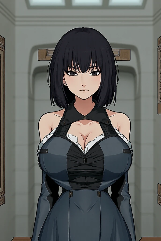 (4k, no angle view, portrait, best quality, cowboy shot), (ultra detailed body, curvy), ((solo, 1 girl)), anime style, hires, ((white background)), (hinata\(boruto\), (female wrestler), (slender body, broad shoulders), (mature woman, milf), ( black, torn, leotard, ultra detailed pro wrestling gear, long gloves, long boots), (), (tilt head, look, (), smile, closed mouth), (pale skin, shiny skin, lighting and shadow), (dark blue hair color:1.1), wavy hair, ((short hair, hime cut, (floating hair)), (big breasts, defined breasts), ((detailed arm curves, slightly strong)), (long belly, hurt belly), (), (perfect eyes, anime eyes)