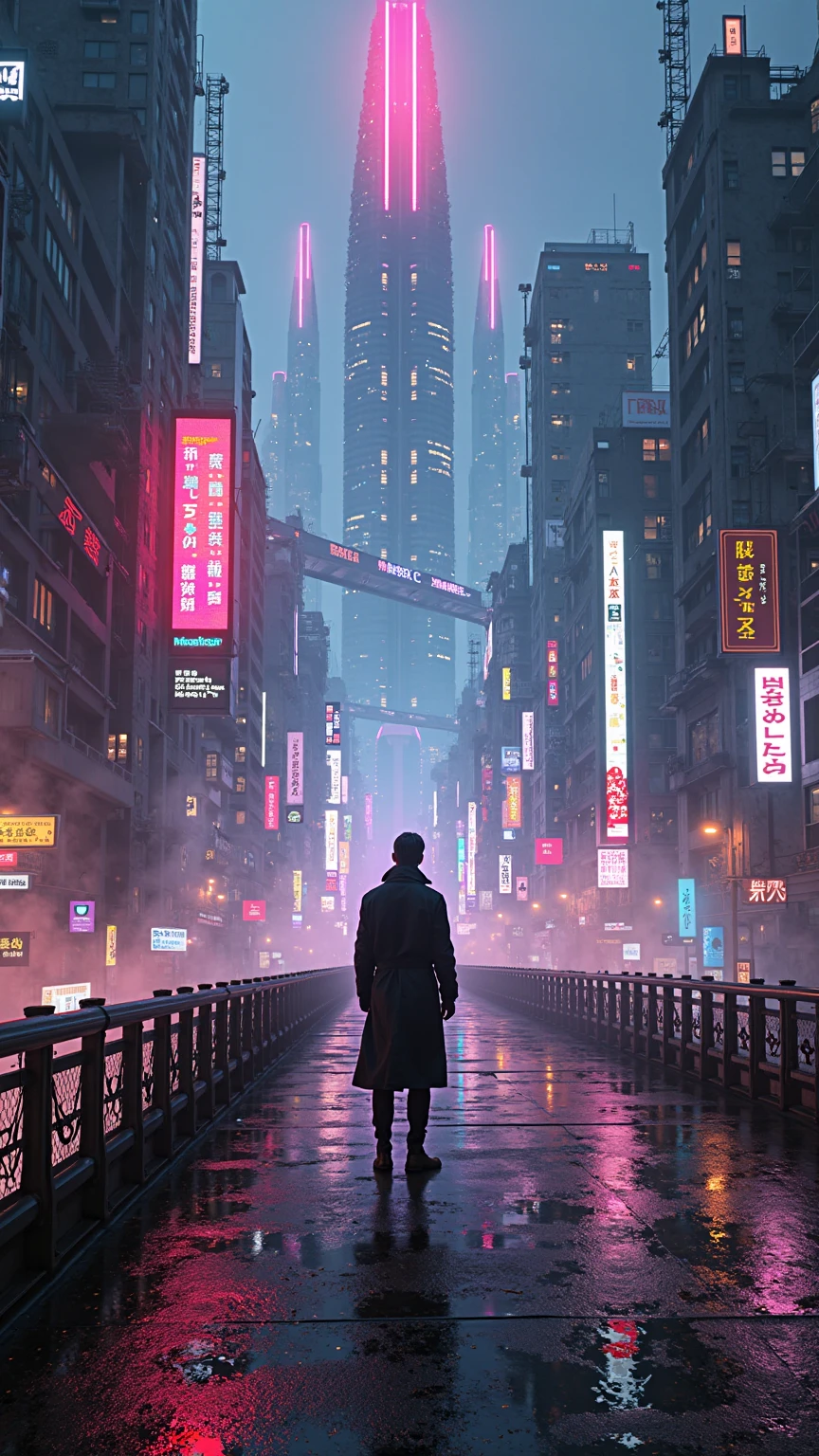 neon-drenched cyberpunk cityscape at night with towering crystalline skyscrapers and polygonal megastructures bathed in vibrant pink, electric blue, and purple neon glows, reflective rain-slicked streets stretching into the distance beneath floating holo-billboards and flickering LED signage in Kanji and English, crowded skybridges and neon-lit walkways crisscrossing between buildings, misty vapor rising from grates and vents, digital rain of glowing data streams cascading down glass facades, sleek flying vehicles and drones weaving through narrow canyons of light, a solitary silhouetted figure in a long trench coat standing on a steel catwalk overlooking the metropolis, lens flares from neon tubes reflecting in puddles and polished metal railings, ambient volumetric fog diffusing colored light shafts through the urban labyrinth, ultra-detailed textures of wet concrete, rusted metal panels, fractal neon patterns, holographic graffiti and glitch artifacts sprinkled across surfaces, shallow depth of field softly blurring distant towers, high-resolution 8K wallpaper composition with cinematic wide-angle perspective, harmonious contrast of cool and warm neon hues, photorealistic rendering style with ray-traced reflections, subtle ambient occlusion, slight vignette framing edges to focus on the central figure, dynamic interplay of light and shadow evoking moody futuristic noir atmosphere  
