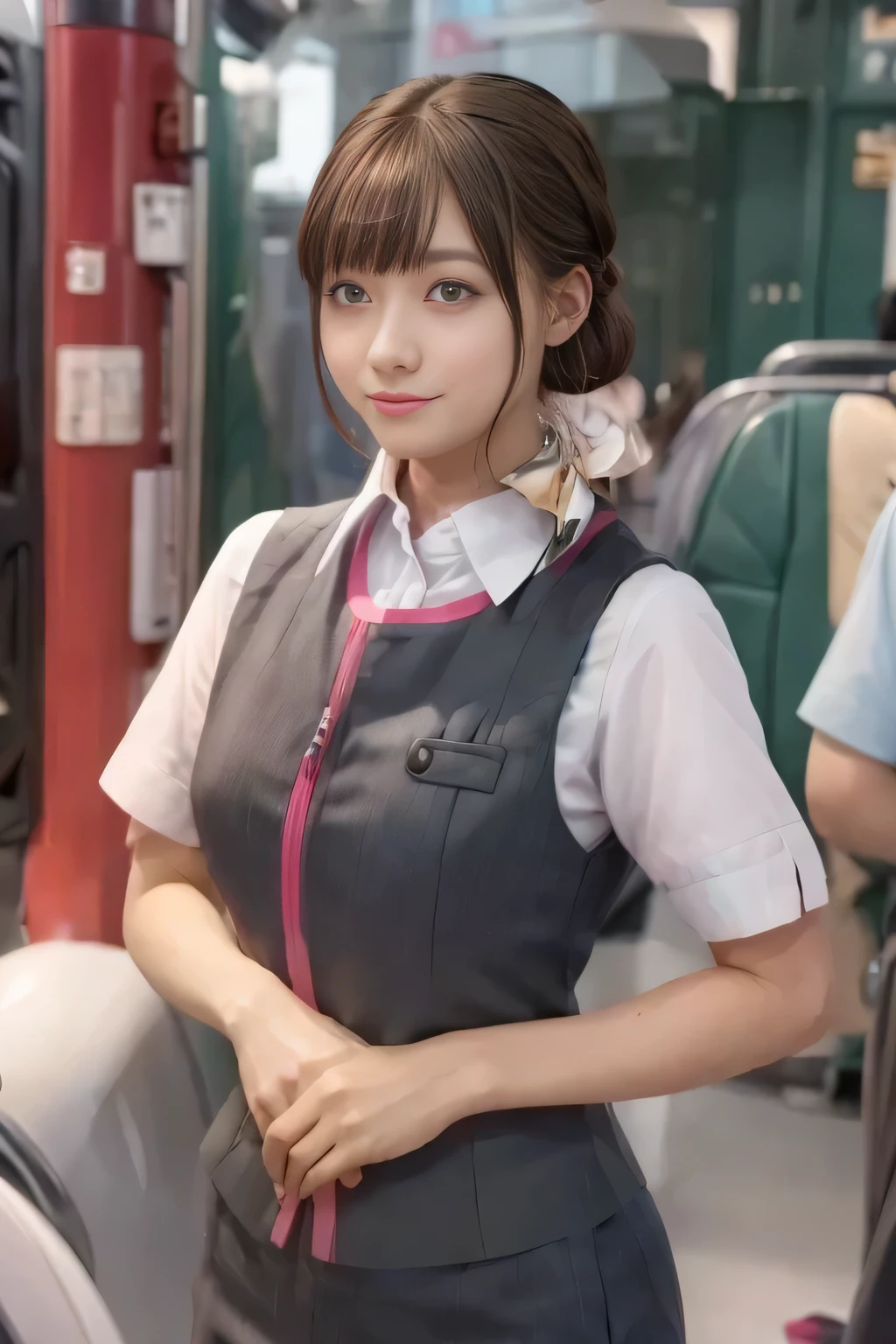 (masterpiece:1.2, Highest quality:1.2), 32k HDR, High resolution, (alone、One Girl)、(Ride the bullet train、Professional Lighting)、Background in the car、(Realistic style of JR Gran Class crew uniform)、Short sleeve blouse、a scarf around the neck、(JR Gran Class flight attendant uniform with pink parts on the skirt sleeves)、(The uniform of the flight attendants of JR Gran Class has a pink line on the front zipper of the vest..)、Dark brown hair、(Hair tied up、Hair Bun、Hair Bun)、Dark brown hair、Long Shot、Big Breasts、((Great hands:2.0)),((Harmonious body proportions:1.5)),((Normal limbs:2.0)),((Normal finger:2.0)),((Delicate eyes:2.0)),((Normal eyes:2.0)))、Luxury Necklace、smile、Beautiful standing posture,
