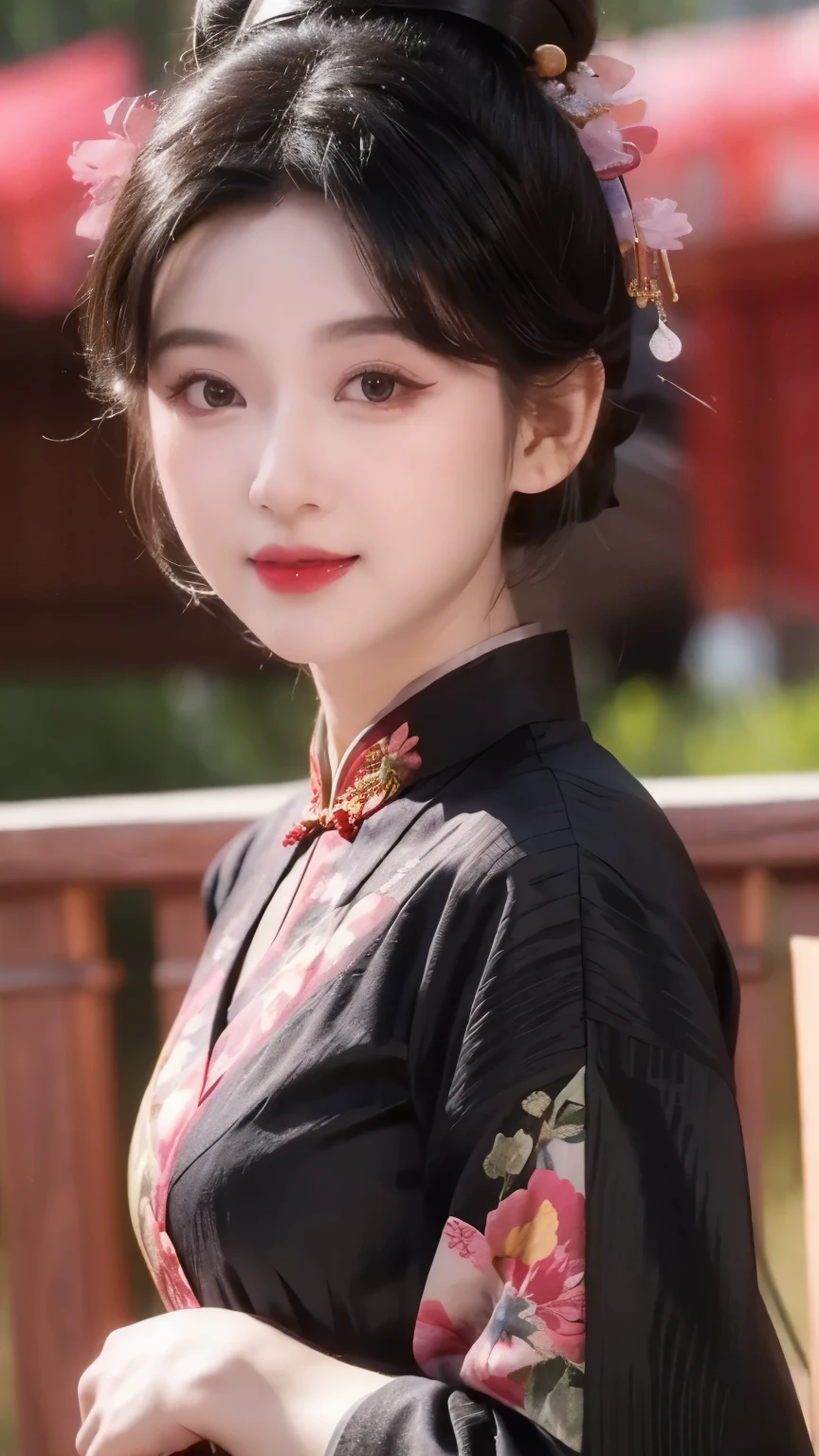 1 beautiful girl,Best Quality,(painting:1.5),Chest,torii,,depth of field, detailed face ,facial focus,ribbon_trim,(watching the audience:1.25),Smile,Thick lips,Real People,dark black cheongsam