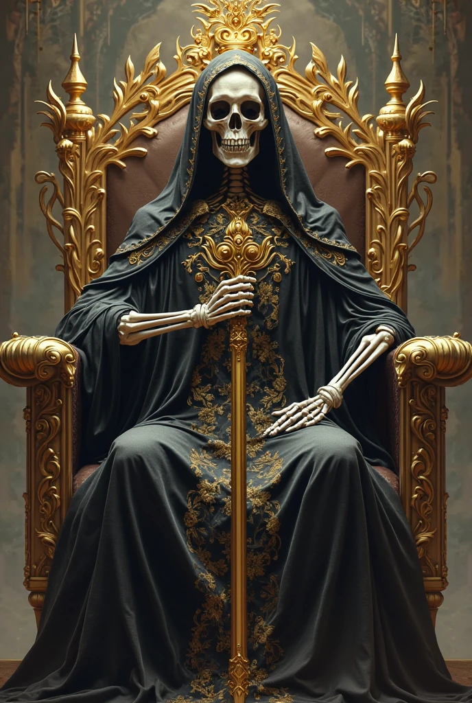 King of the Dead, sitting on the throne, King of the Dead with a crown of bones, net, black robe, with a black blade in hand, Fantasy, dramatic photo, Dynamic photo, full body view, Model poses, blurred background, very detailed, ultra-realistic, 8 K, (realistic:1.3), Poster, complex parts, drawing \(Artwork\), ((masterpiece,Best quality)), ((cinematic light)), hyperealistic, terrifying, dark Fantasy \(style\), Detailed armor, detailed helmet, Eight hands, Eight Eyes, Horrible, scary, ugly, (dark shot:1.17), epic realistic, faded, ((neutral colors)), Art, (HDR:1.5), (muted colors:1.2), hyper-detailed, (Artstation:1.5), cinematic, warm light, dramatic light, (complex parts:1.1), complex background, (rutkowskyi:0.8), (Turquoise and orange:0.4)