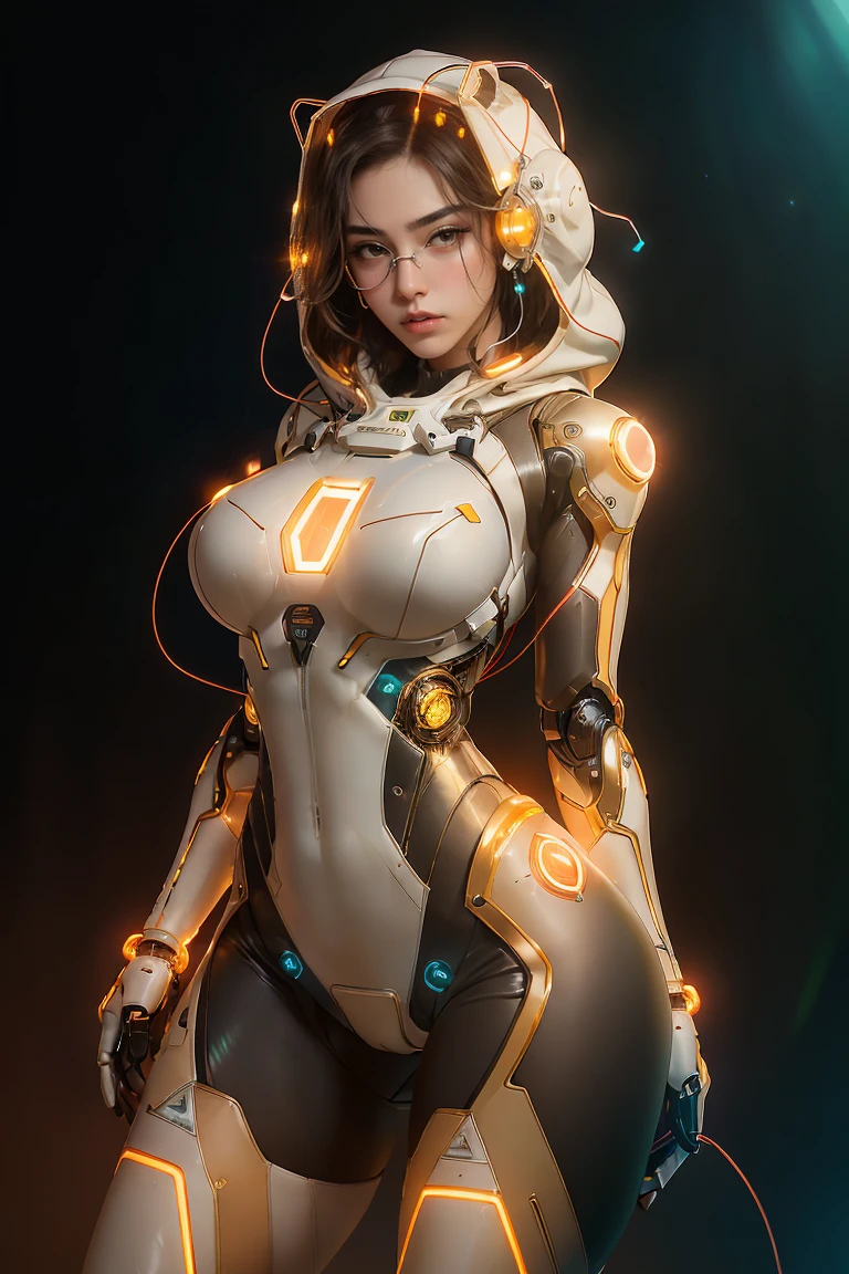 ((best quality)), ((masterpiece)), ((realistic)), (detailed), reflective luminous white:1.5, texture glossy orange:1.3, 1beautiful young woman with sticky jumpsuit (cameltoe), sexy, top to bottom photo, lots of glow neon mushrooms, mandalas, cinematic, sharp, ray tracing, brightness, luminosity